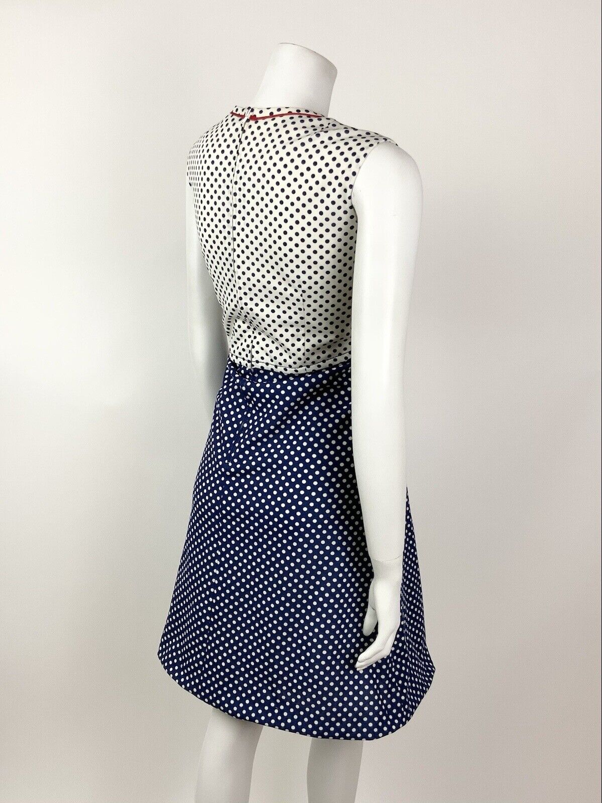VINTAGE 60s 70s BLUE WHITE RED POLKA-DOT BOW MOD SLEEVELESS DRESS 12 14