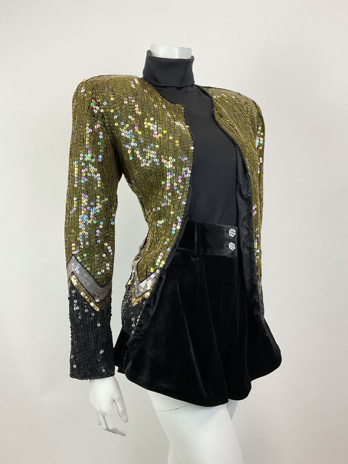 VINTAGE 70s 80s GOLD BLACK SILVER SEQUIN ZIG-ZAG DISCO PARTY TROPHY JACKET 8 10