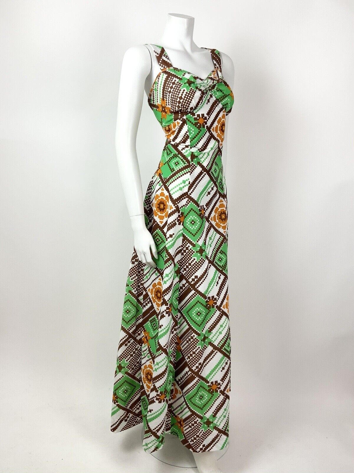 VTG 60s 70s WHITE BROWN ORANGE GREEN PIXEL GEOMETRIC CHECKED MAXI DRESS 12 14