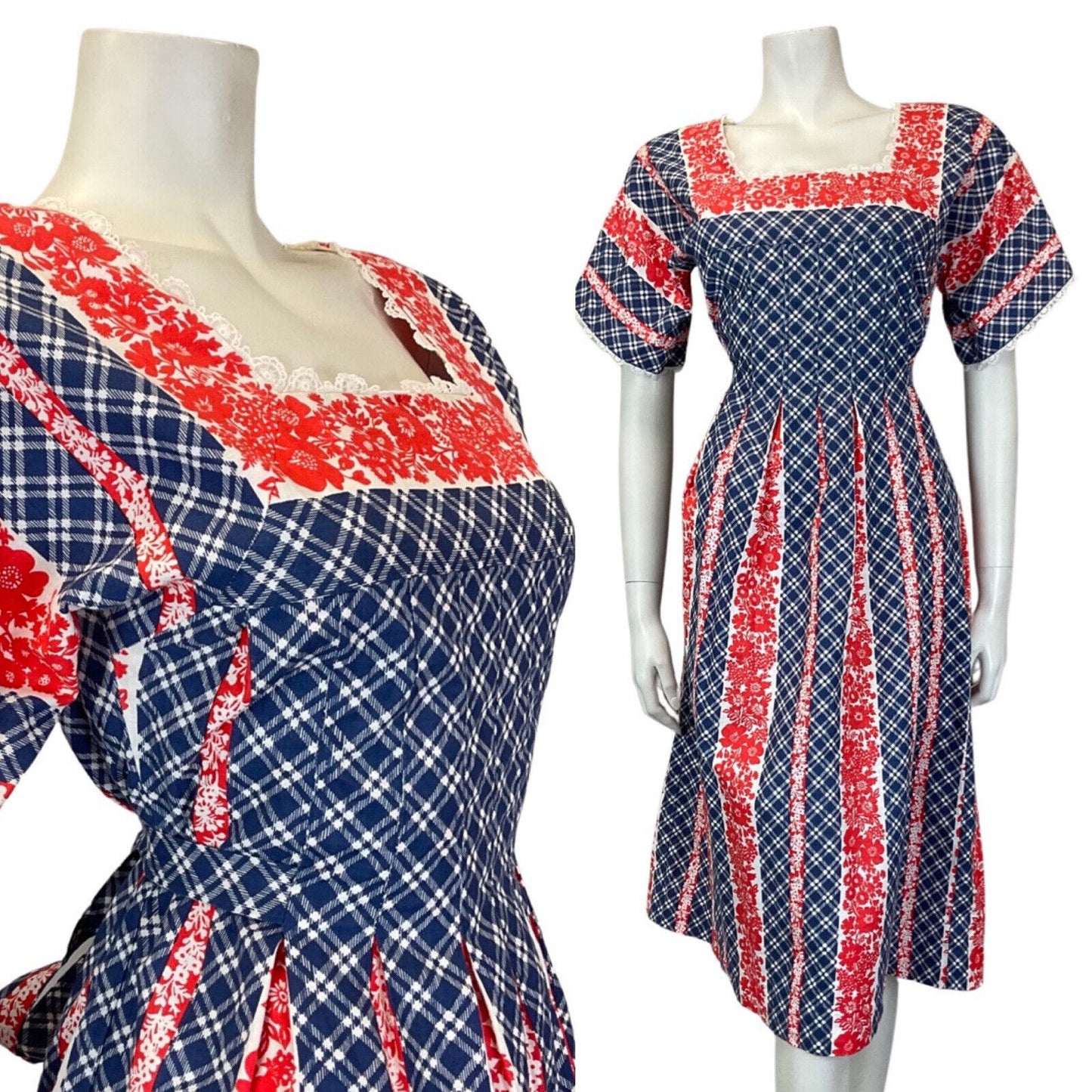VINTAGE 60s 70s BLUE RED WHITE PLAID FLORAL PRAIRIE FOLK PLEATED FLARED DRESS 10