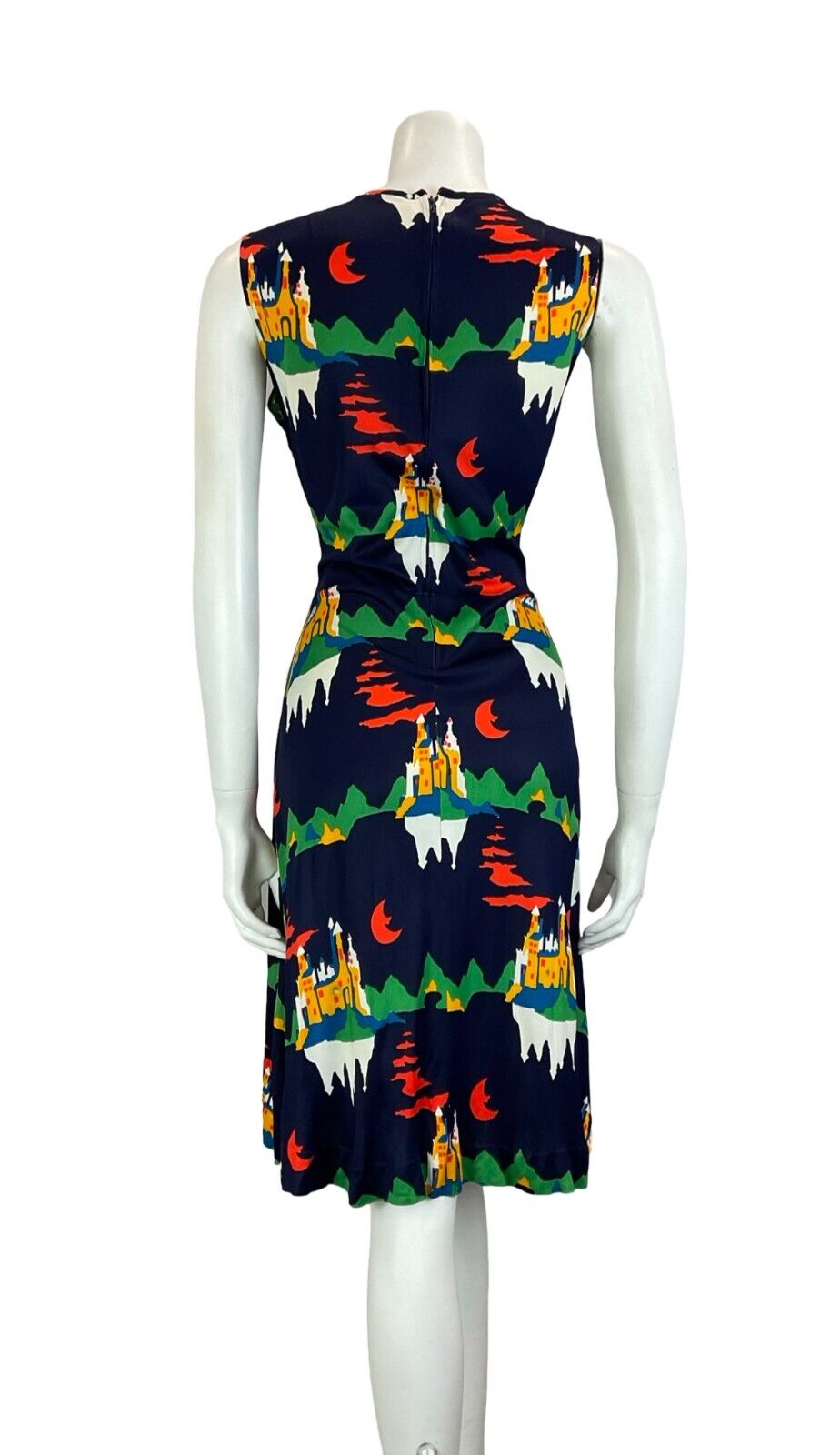 VTG 70S FAIRYTALE CASTLE MOON SLEEVELESS NAVY GREEN YELLOW WHITE MIDI DRESS 10