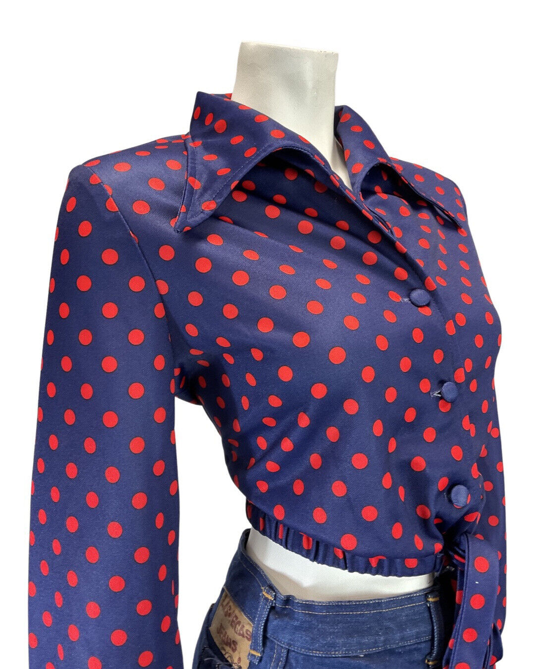 VINTAGE 60s 70s BLUE RED POLKA-DOT WING COLLAR CROPPED BLOUSE TOP 12