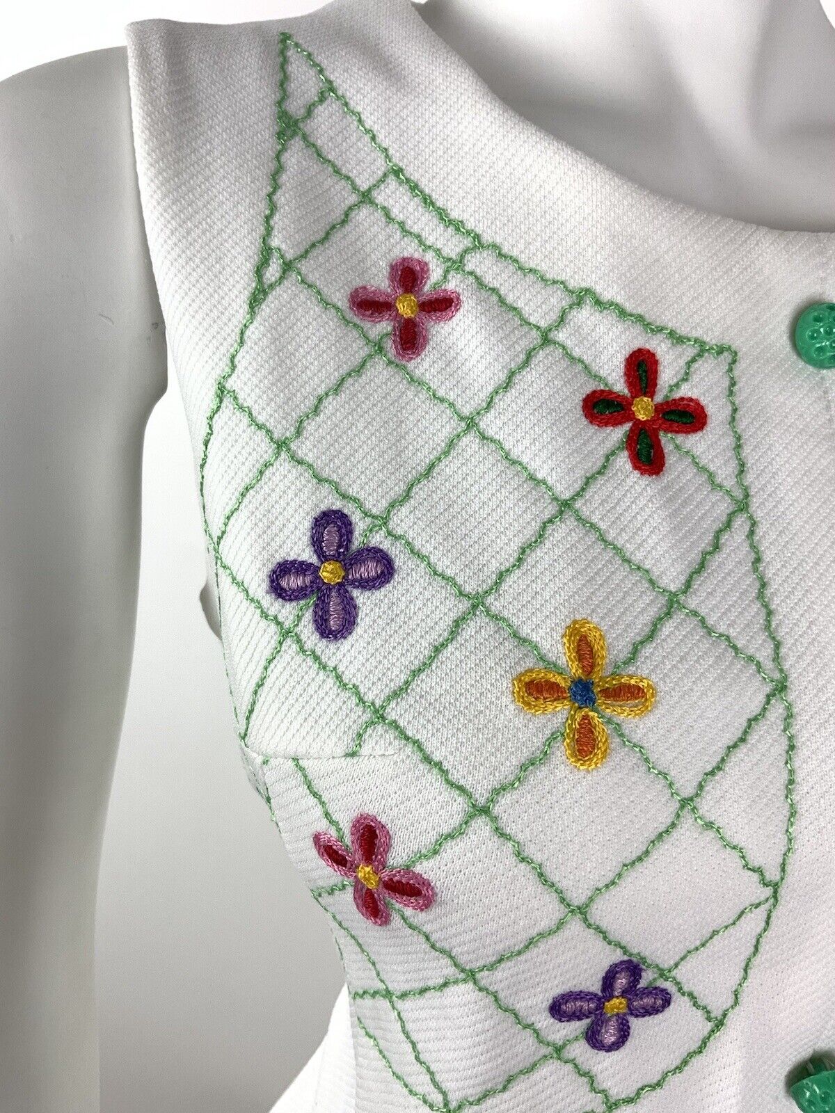 VTG 60s 70s WHITE GREEN RED FLORAL EMBROIDERED BOHO FOLK SLEEVELESS DRESS 12 14