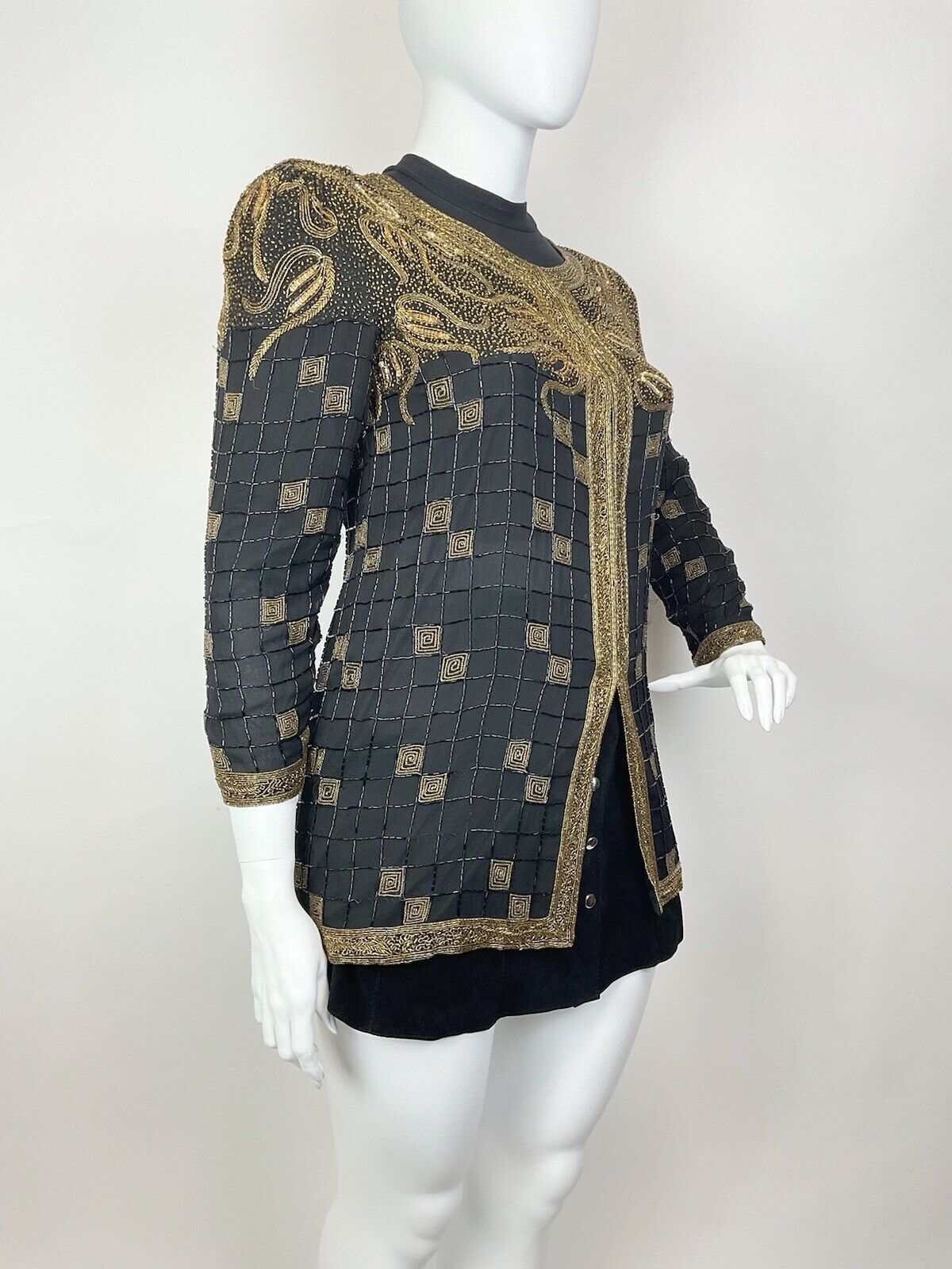 VINTAGE 70s 80s BLACK GOLD CHECKED LEAFY BEADED SEQUIN DISCO TROPHY JACKET 16 18