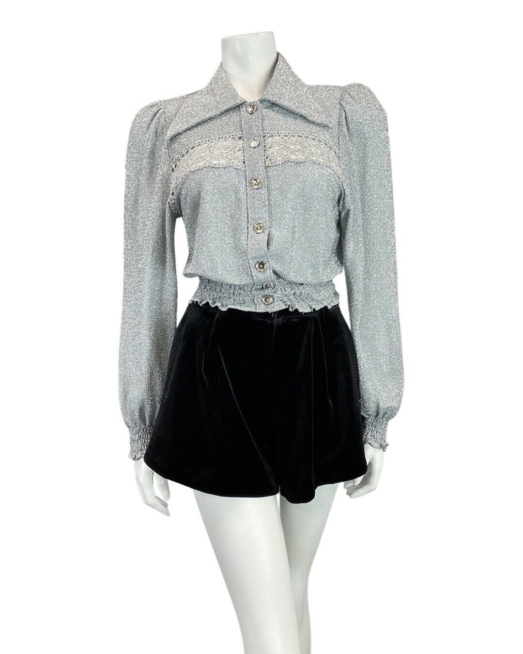 VINTAGE 60s 70s METALLIC SILVER FLORAL LACE STUDIO 54 DISCO DAGGER SHIRT 8 10