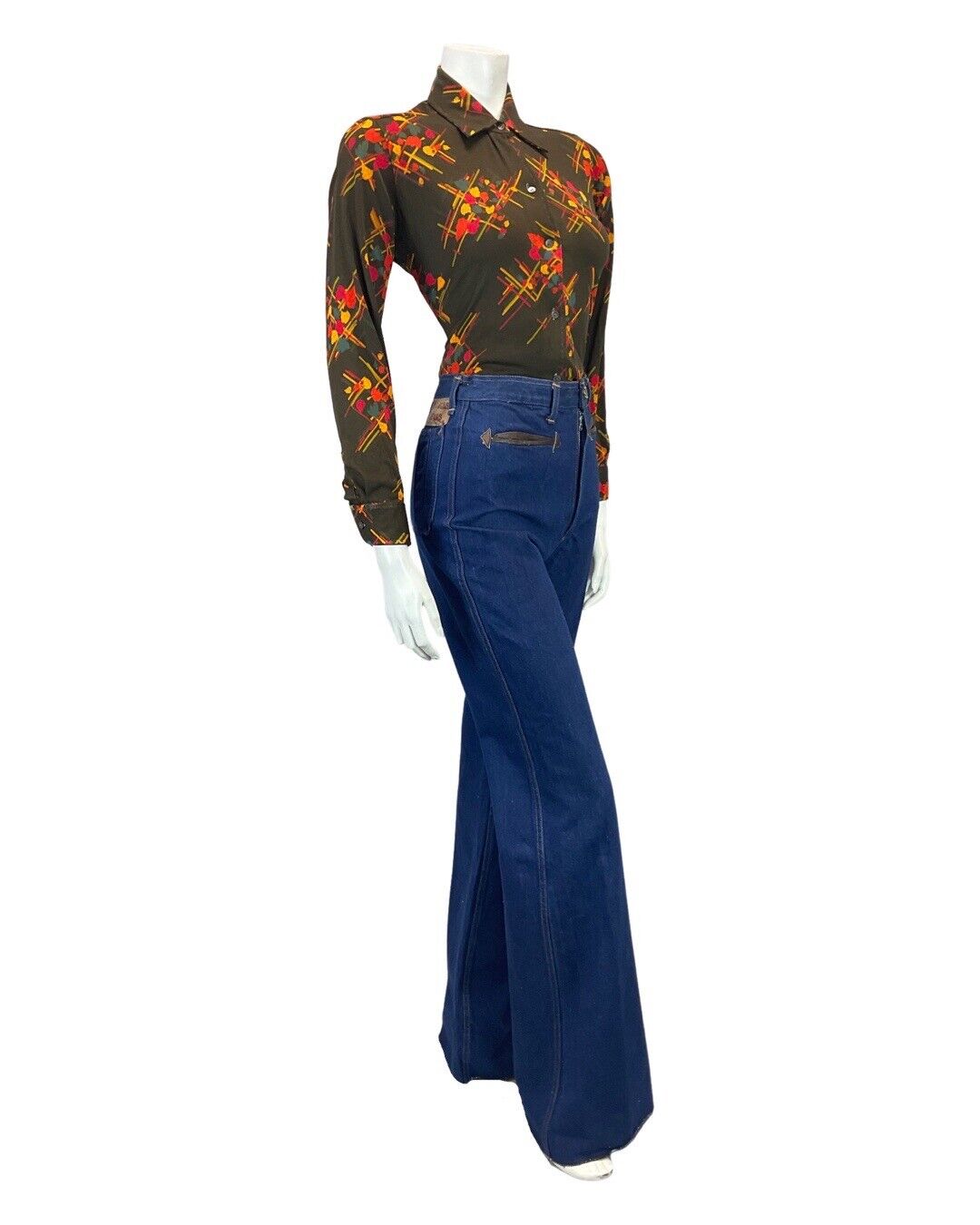 VINTAGE 60s 70s BROWN ORANGE FLORAL LEAFY STRIPED MOD DAGGER SHIRT 12 14