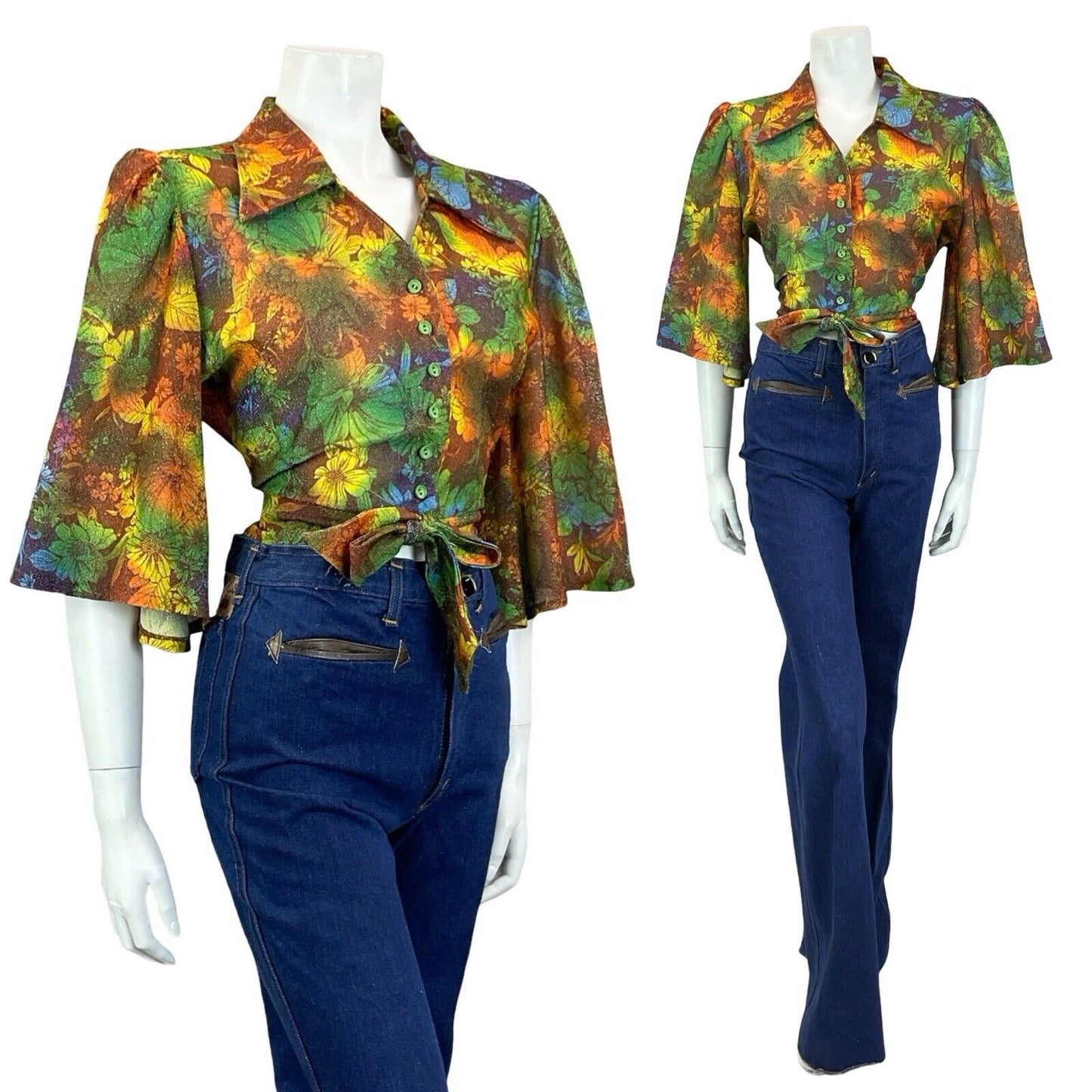 VTG 70S GREEN BROWN ORANGE FLORAL PSYCHDELIC CROPPED WRAP ANGEL SLEEVE TOP 14