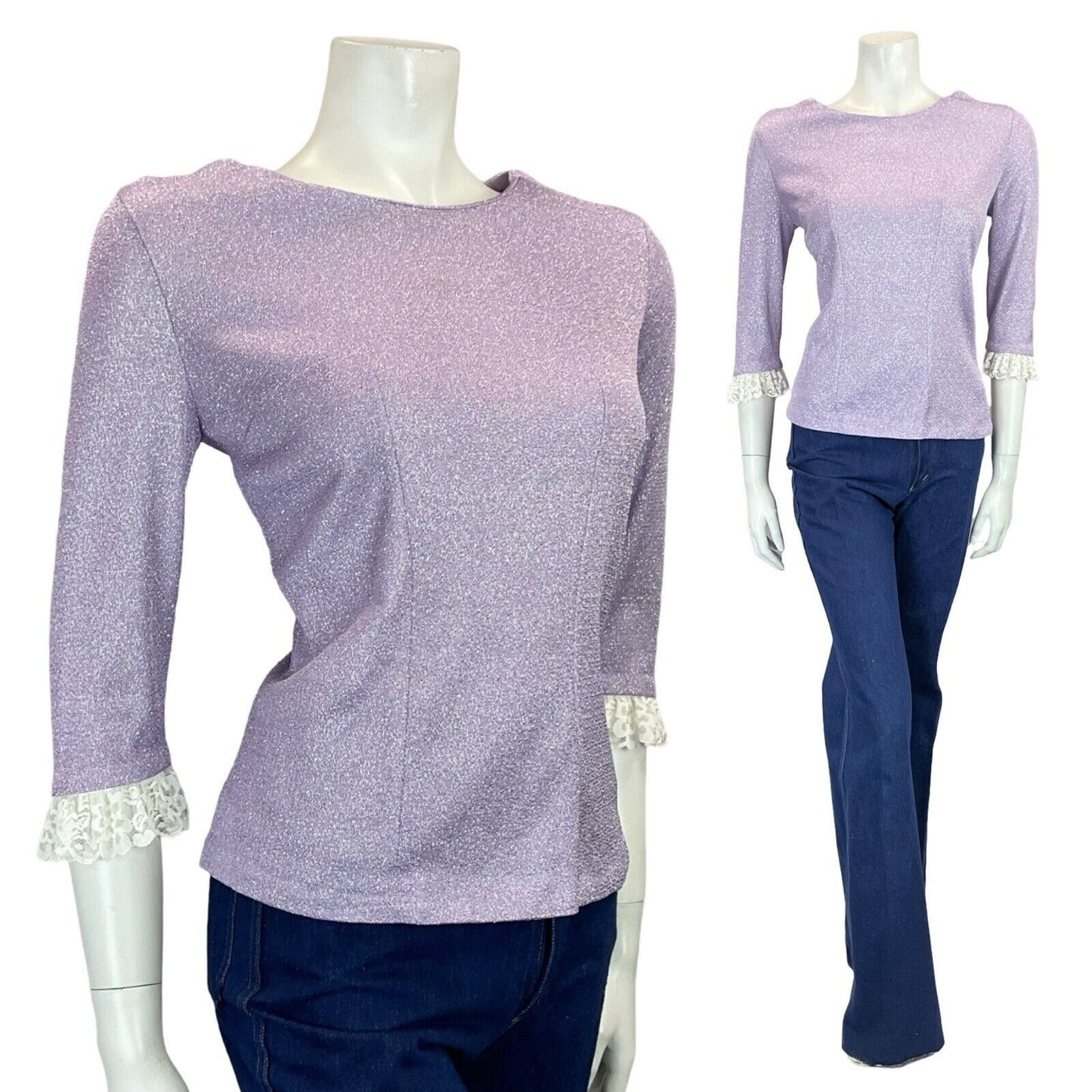 VTG 60S 70S LILAC PURPLE LUREX LACE TRIM 1/2 SLEEVE PARTY PRAIRIE MOD TOP 8