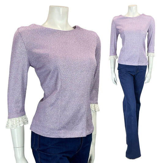 VTG 60S 70S LILAC PURPLE LUREX LACE TRIM 1/2 SLEEVE PARTY PRAIRIE MOD TOP 8