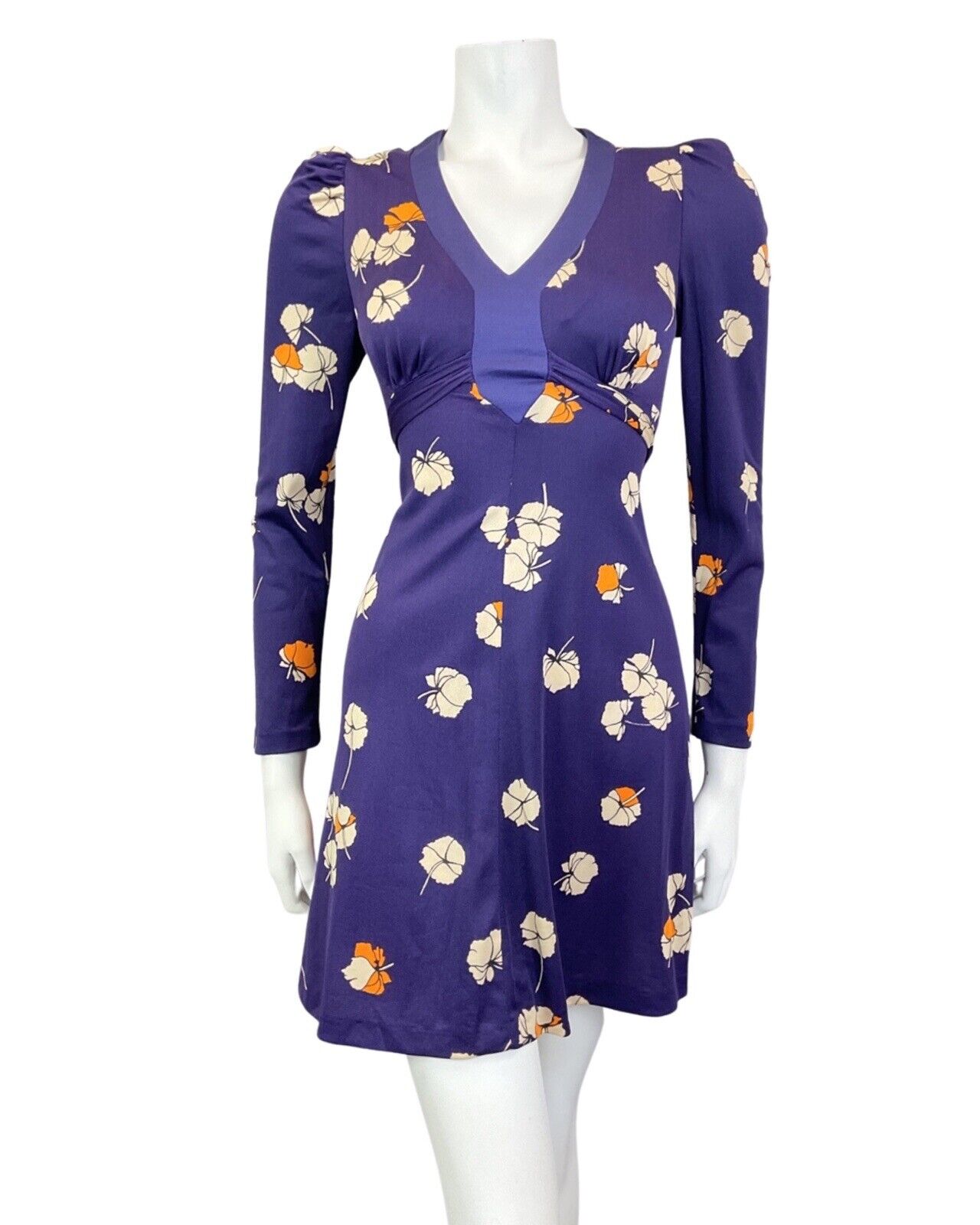VINTAGE 60s 70s PURPLE BEIGE ORANGE FLORAL LONGSLEEVE MOD SUMMER SWING DRESS 12