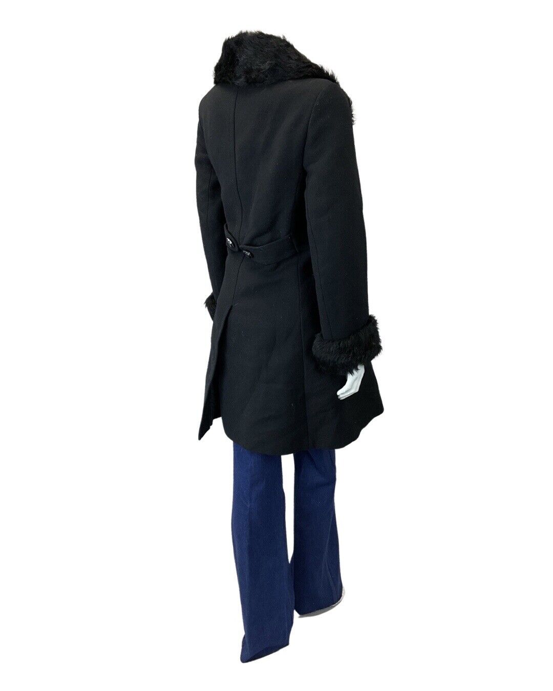 VINTAGE 60s 70s JET BLACK FAUX FUR DOUBLE BREASTED WOOL PRINCESS COAT 12
