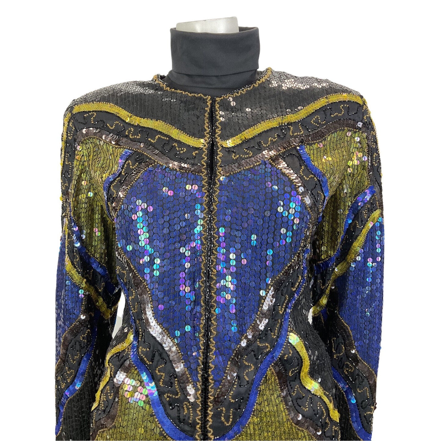 VINTAGE 70s 80s BLACK BLUE GOLD GEOMETRIC WAVY DISCO GLAM TROPHY JACKET 14 16