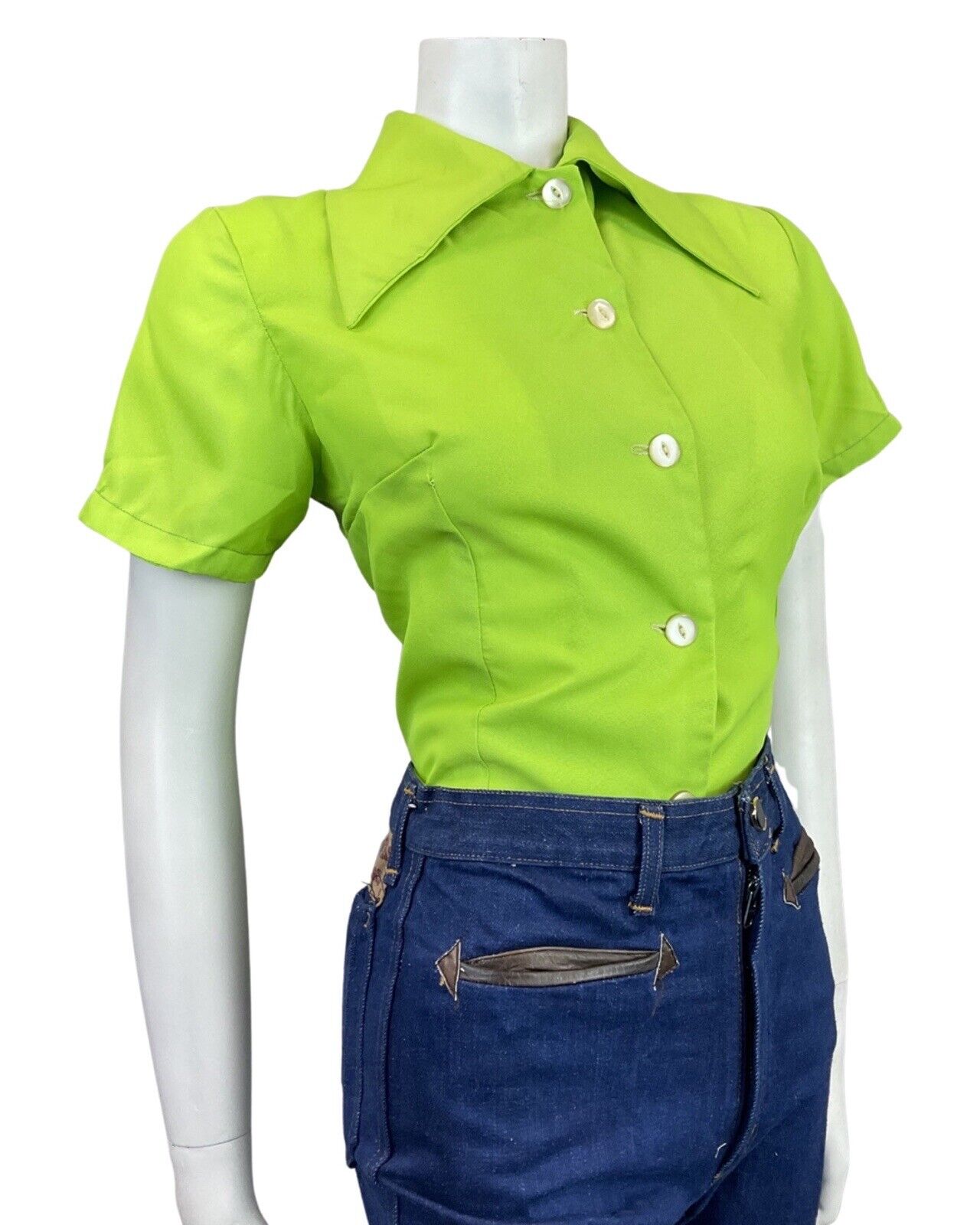 VINTAGE 60s 70s LIME GREEN DAGGER COLLAR SHORT SLEEVE MOD SHIRT 12 14