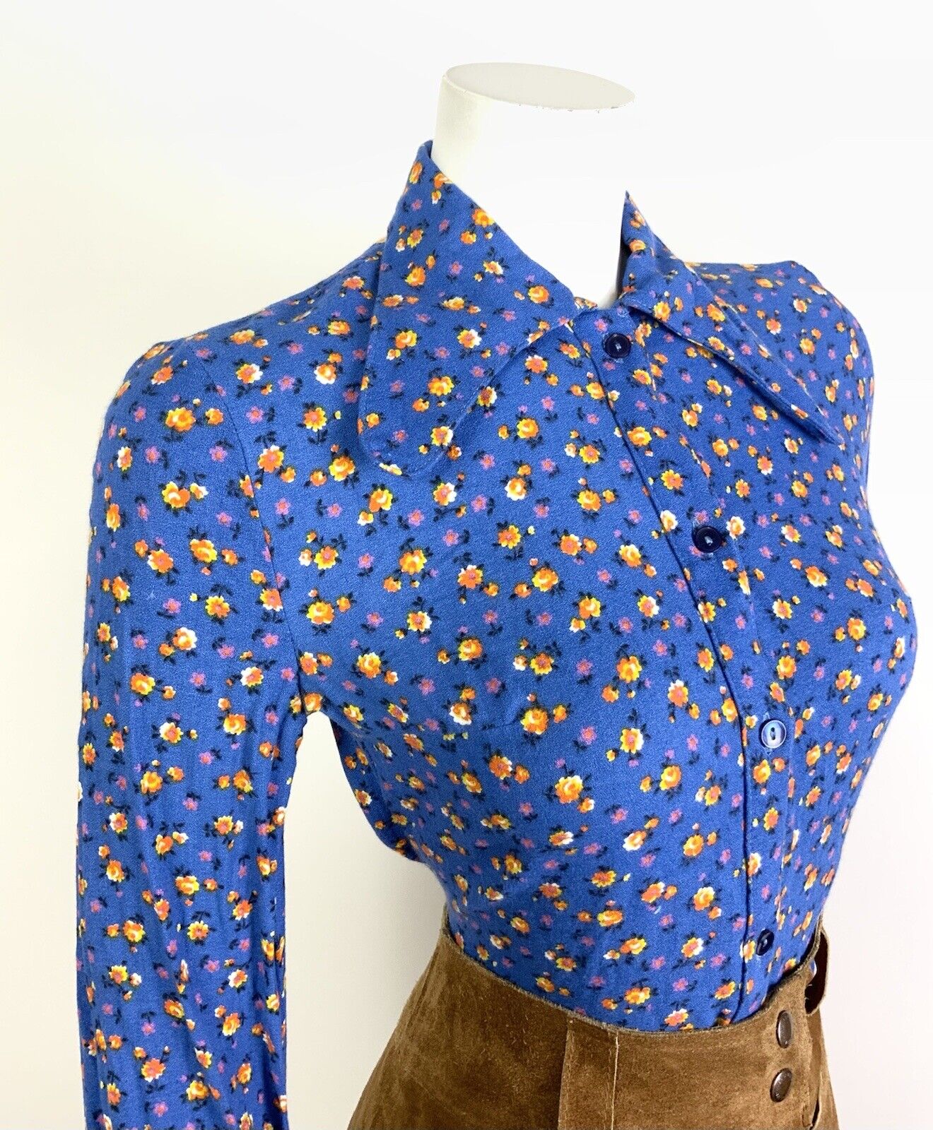 VTG 60s 70s BLUE ORANGE FLORAL DITSY DOG EAR BEAGLE COLLAR MOD SHIRT BLOUSE 8 10