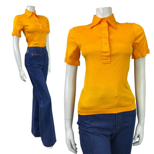 VINTAGE 60s 70s SUNSHINE YELLOW MOD DAGGER COLLAR SHORT SLEEVE SHIRT 8 10