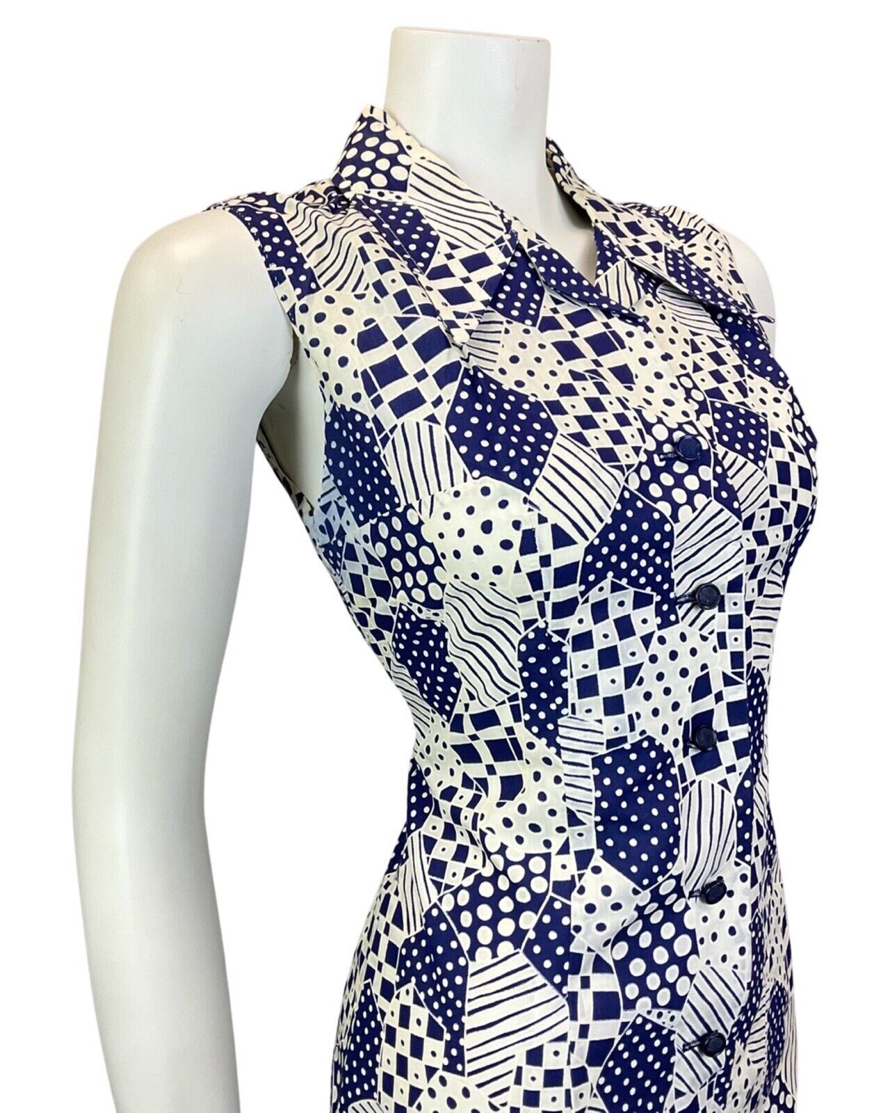 VINTAGE 60s 70s NAVY BLUE WHITE PATCHWORK PSYCHEDELIC MOD DAGGER SHIRT DRESS 10