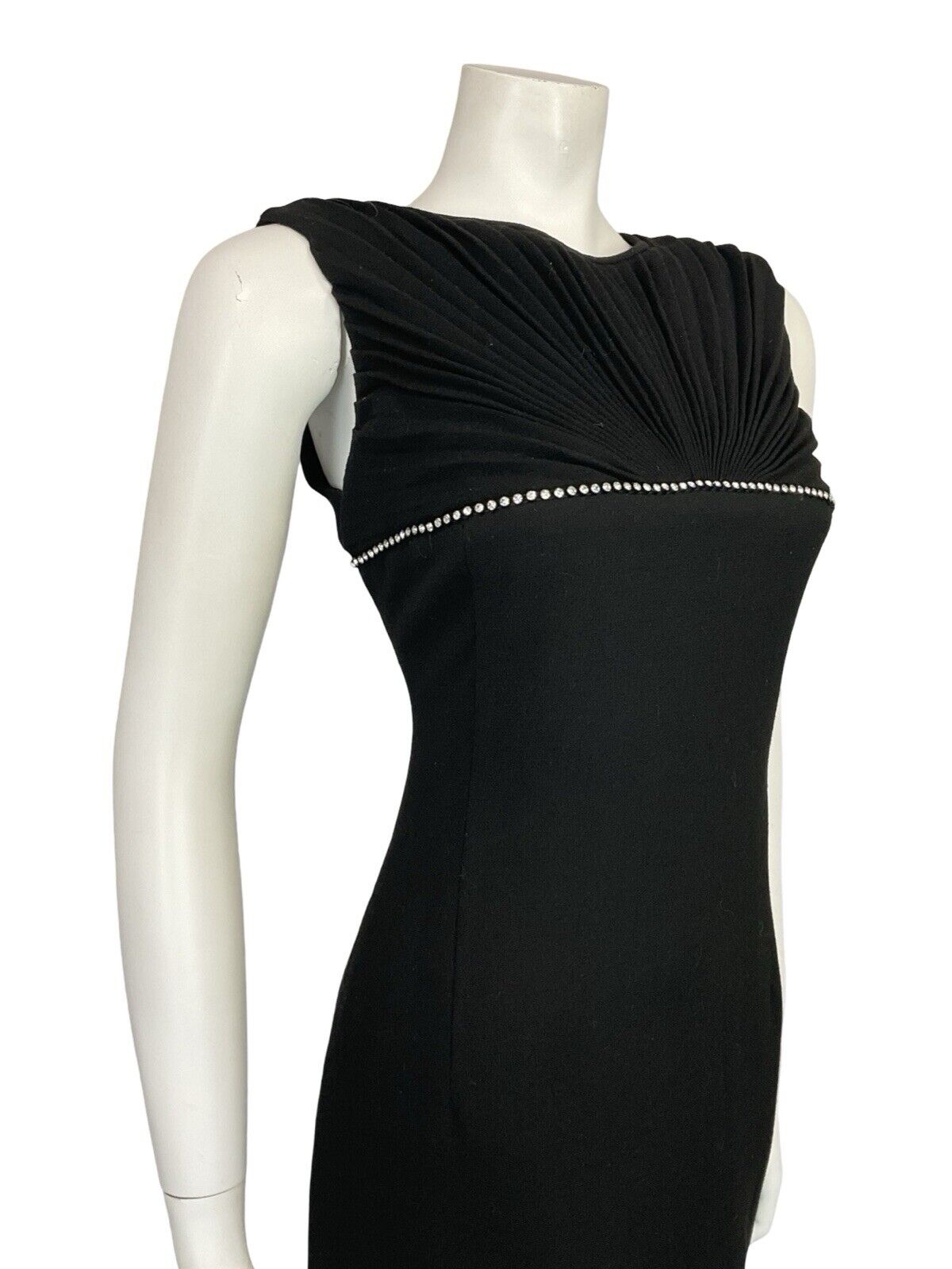 VTG 60S BLACK MOD WOOL DIAMANTE FAN PLEATED SLEEVELESS PARTY MINI DRESS 10