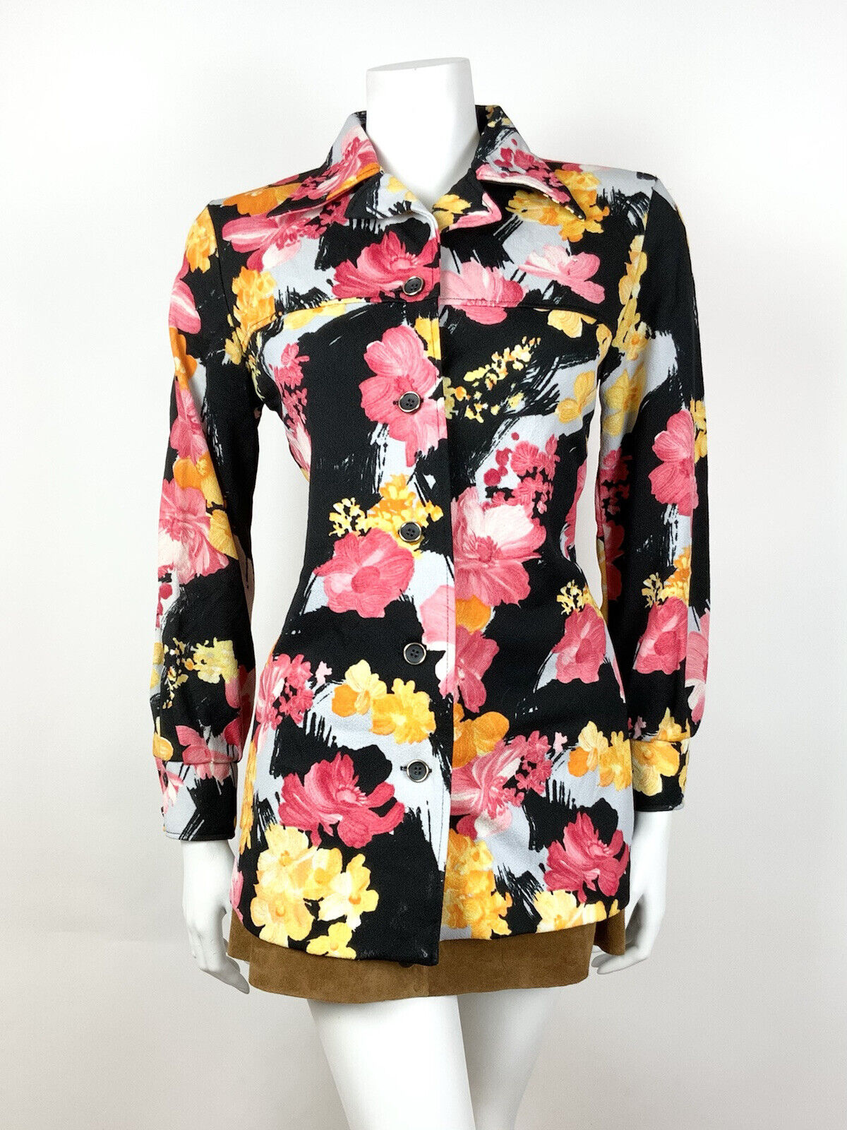 VINTAGE 60s 70s BLACK PINK ORANGE GREY FLORAL DAGGER COLLAR SHIRT BLOUSE 12 14