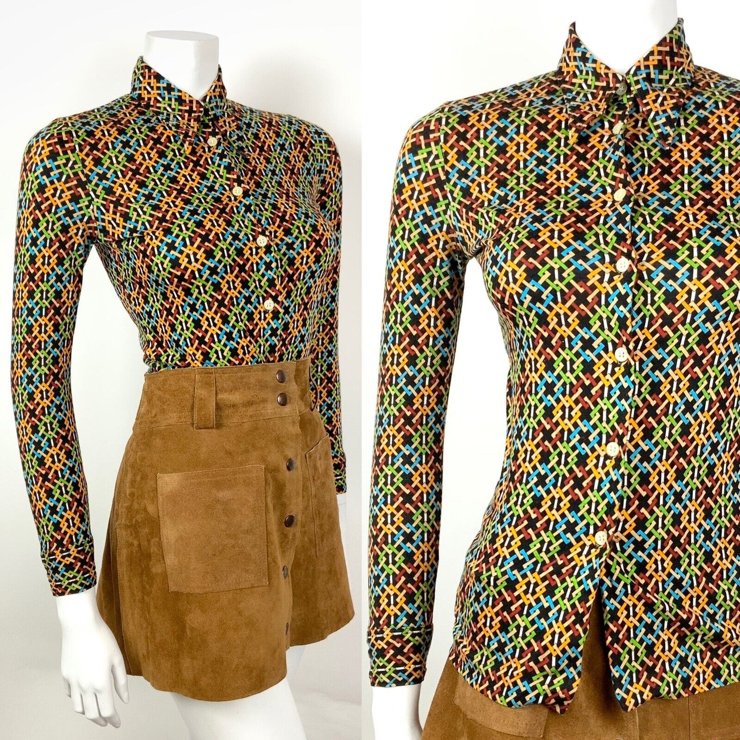 VTG 60s 70s BLACK ORANGE BLUE GREEN GEOMETRIC TRELLIS DAGGER SHIRT BLOUSE 4 6