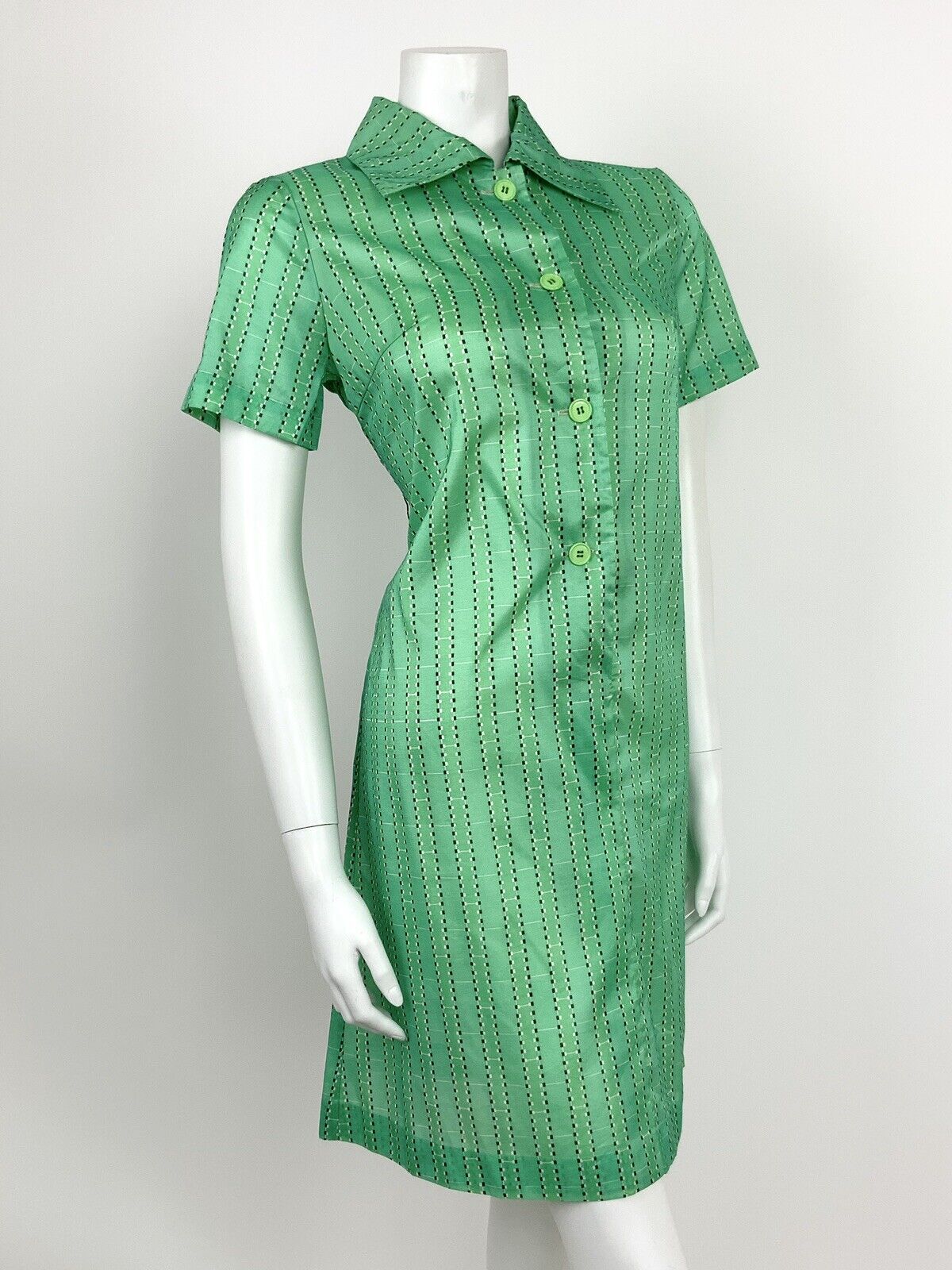 VINTAGE 60s 70s APPLE GREEN BLACK WHITE GEOMETRIC SQUARE TILE SHIRT DRESS 10