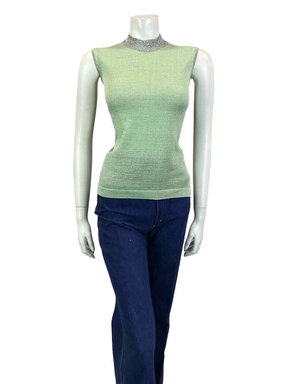 VTG 60S MOD GOGO PASTEL GREEN SILVER LUREX HIGH NECK BOXY PARTY TANK TOP 10