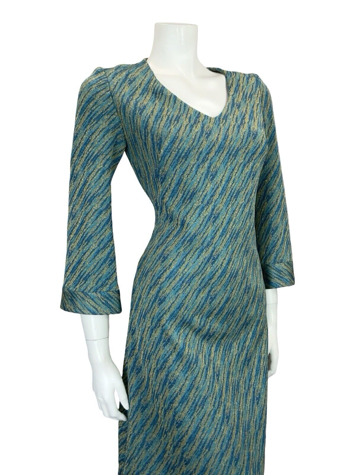 VTG 60S 70S MOD GOGO BLUE TEAL GOLD BELL SLEEVE V NECK PARTY MINI DRESS S 8 10