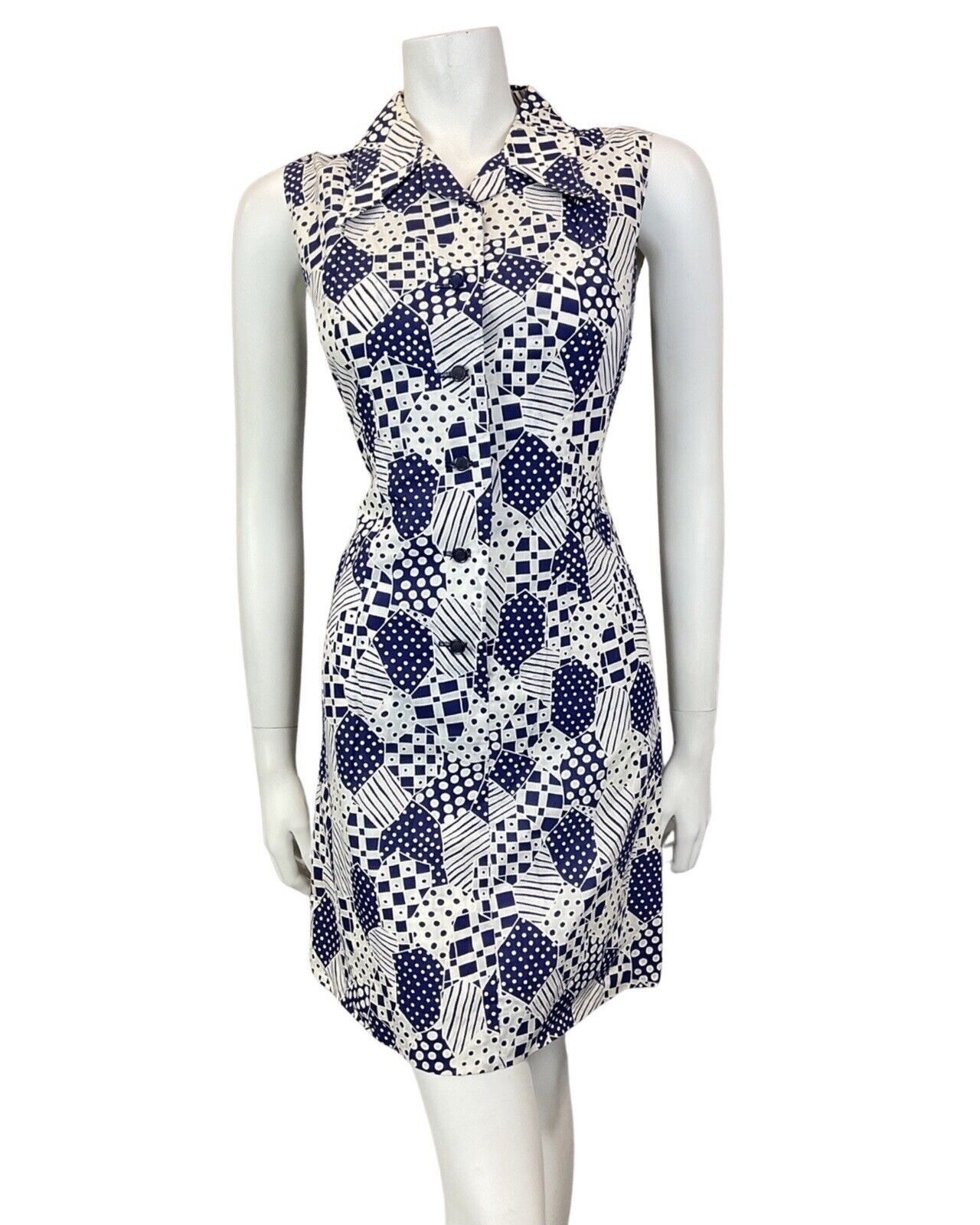 VINTAGE 60s 70s NAVY BLUE WHITE PATCHWORK PSYCHEDELIC MOD DAGGER SHIRT DRESS 10