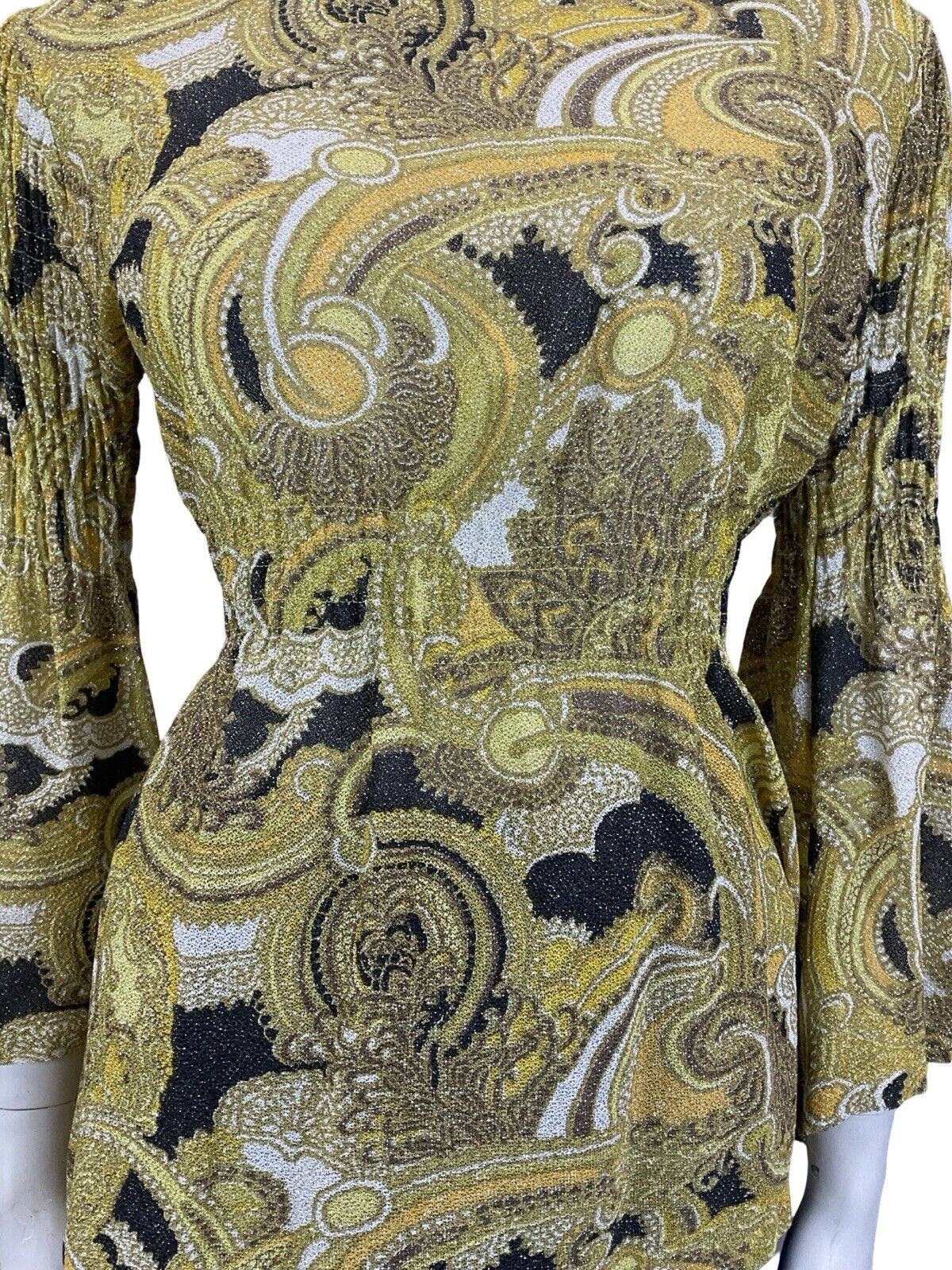 VTG 60S GOLD BLACK WHITE LUREX GLITTERY FLARE SLEEVE RUCHED COLLAR BLOUSE 8