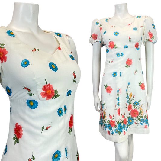 VINTAGE 60s 70s WHITE RED BLUE FLORAL GARDEN SHEER PUFF SLEEVE MOD DRESS 12