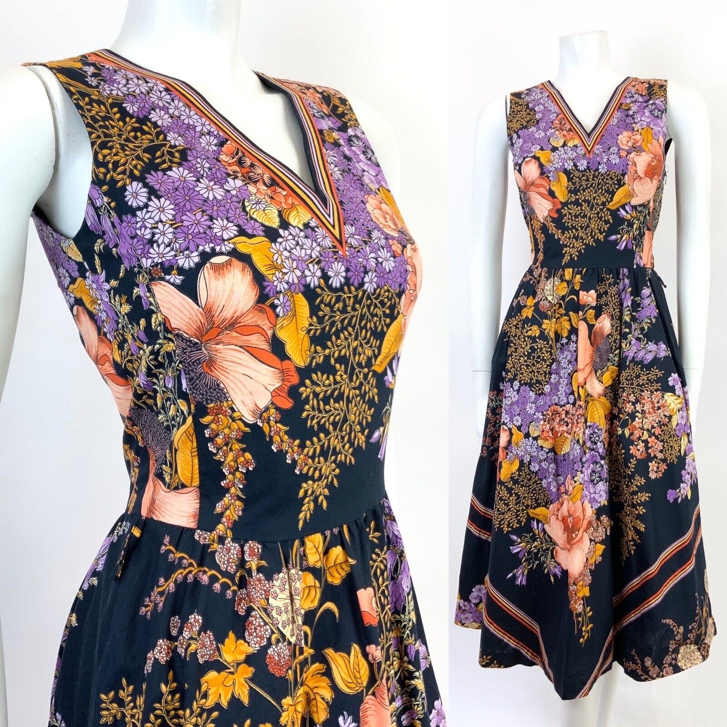 VINTAGE 60s 70s BLACK GOLD PURPLE RED FLORAL LEAFY BOHO FOLK SLEEVELESS DRESS 8