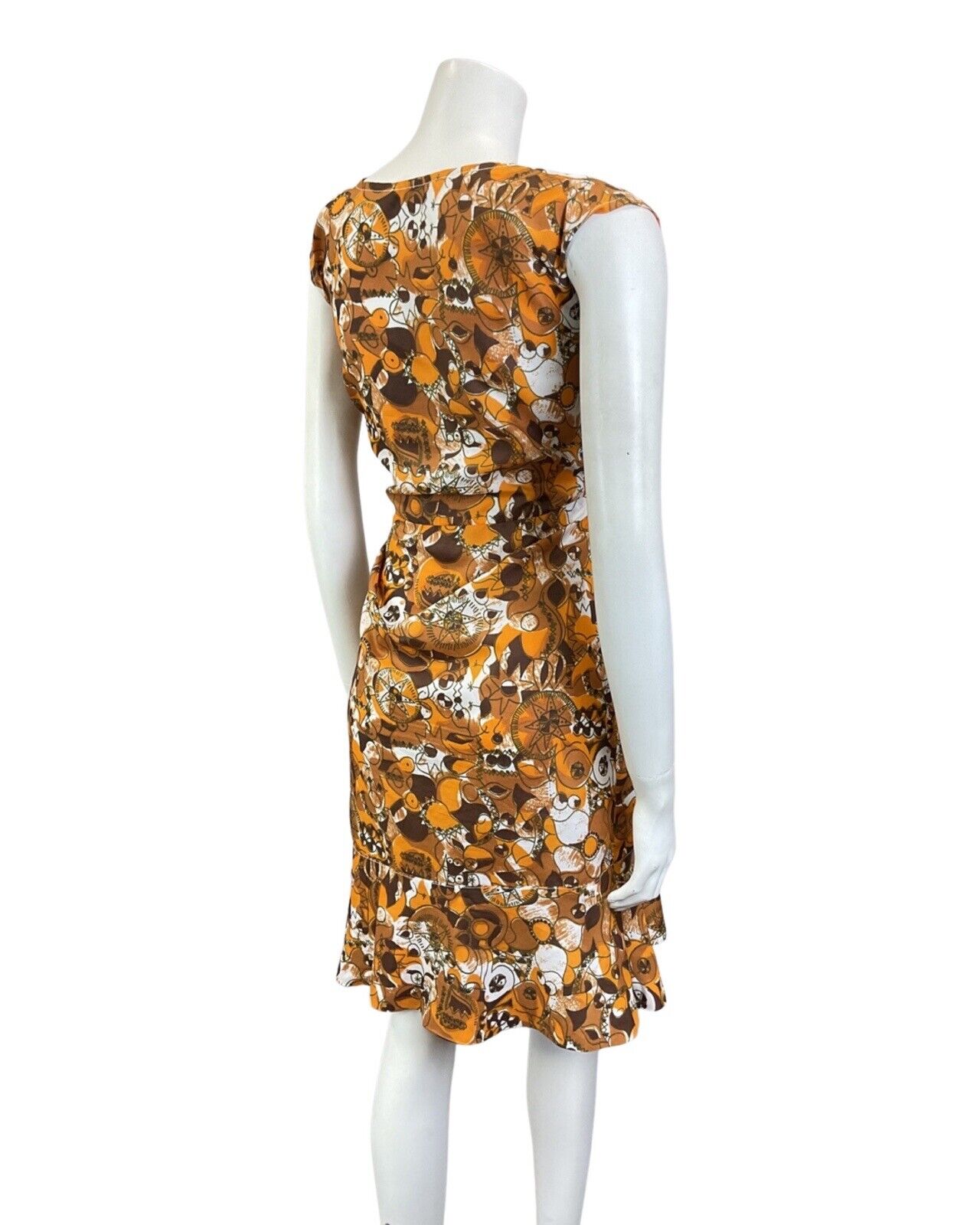VINTAGE 60s 70s ORANGE BROWN WHITE PSYCHEDELIC ABSTRACT SLEEVELESS DRESS 10 12