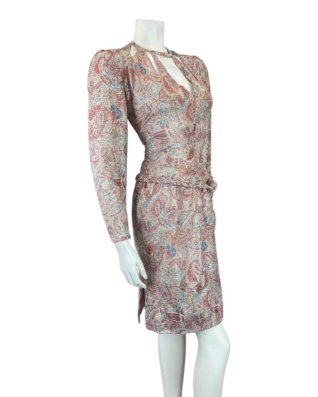 VINTAGE 60s 70s PINK BLUE SILVER PAISLEY FLORAL LUREX CUT-OUT MOD DISCO DRESS 8