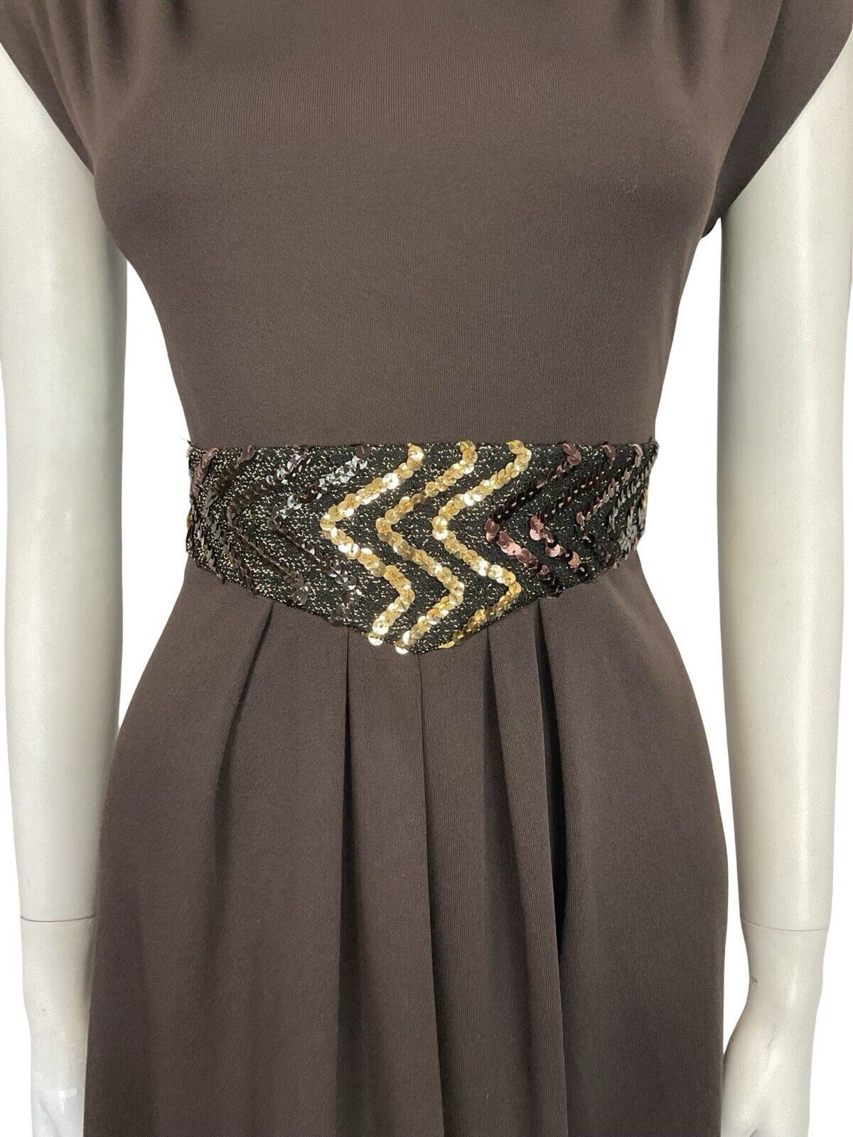 VTG 60S 70S BROWN GOLD SEQUIN BAND PLEATED TUNIC MOD PARTY MIDI DRESS 8