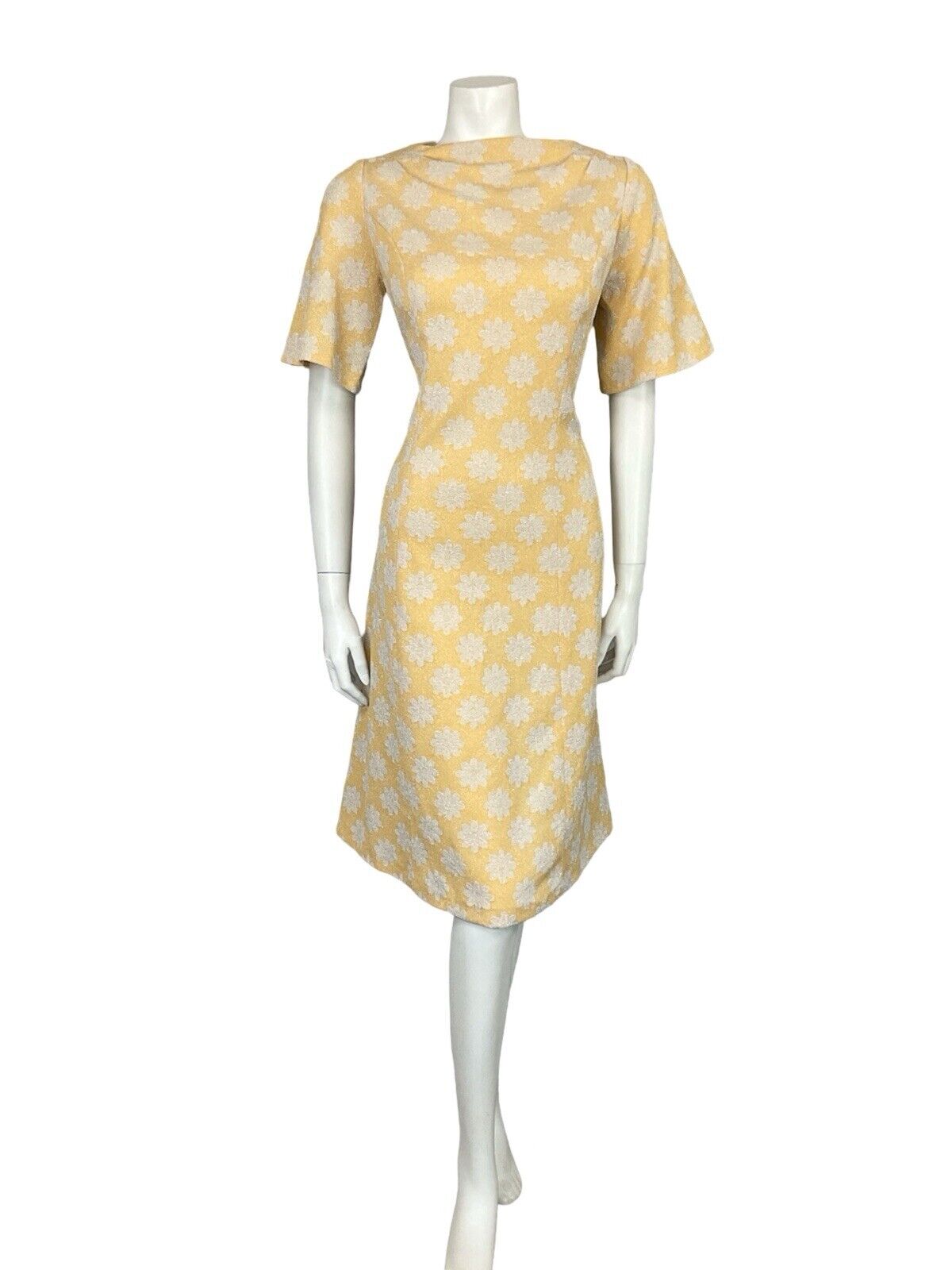 VTG 60S FLOWER POWER SILVER YELLOW GOLD FLARE SHORT SLEEVE PARTY MIDI DRESS 12
