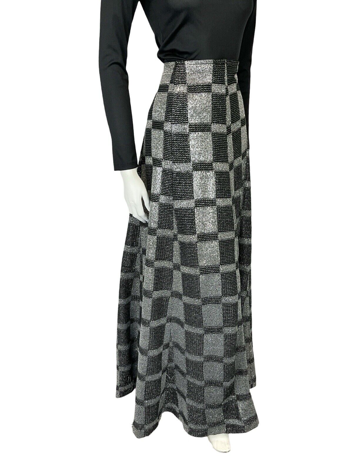 VTG 70S BLACK SILVER LUREX CHECKERBOARD DISCO PARTY MAXI A LINE SKIRT S 8 10