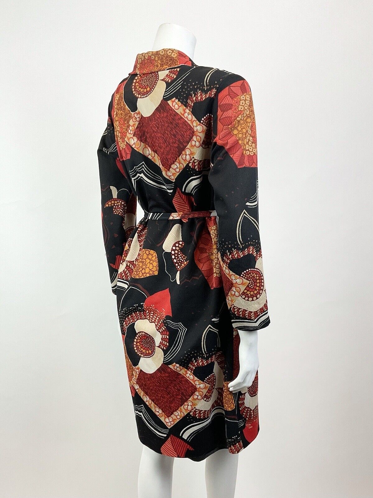 VINTAGE 60s 70s BLACK RED ORANGE FOLK FLORAL LEAFY DAGGER MOD SHIRT DRESS 16