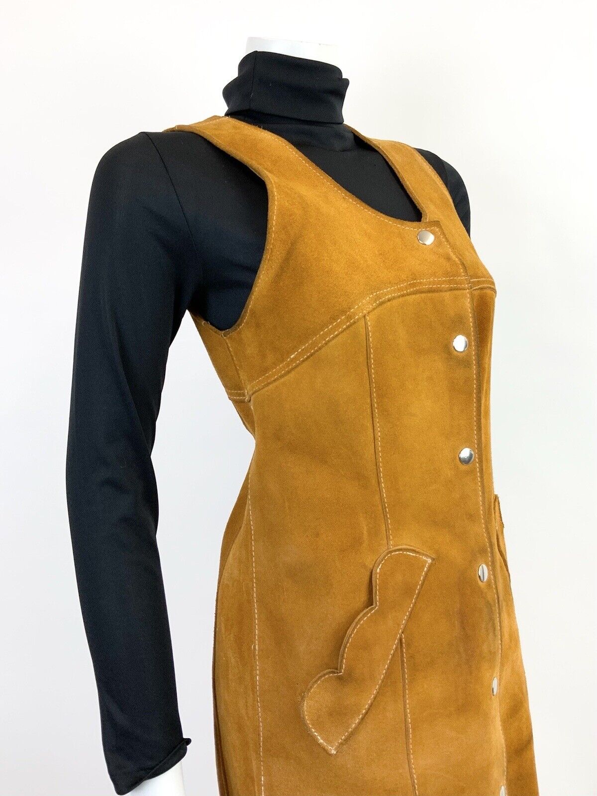 VTG 60s 70s BROWN SUEDE LEATHER SCALLOPED BOHO MOD PINAFORE PINNY DRESS 8 10