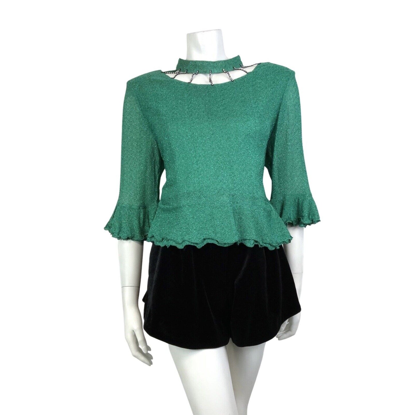 VINTAGE 60s 70s METALLIC GREEN DIAMANTE CUT-OUT RUFFLED DISCO PARTY TOP 16