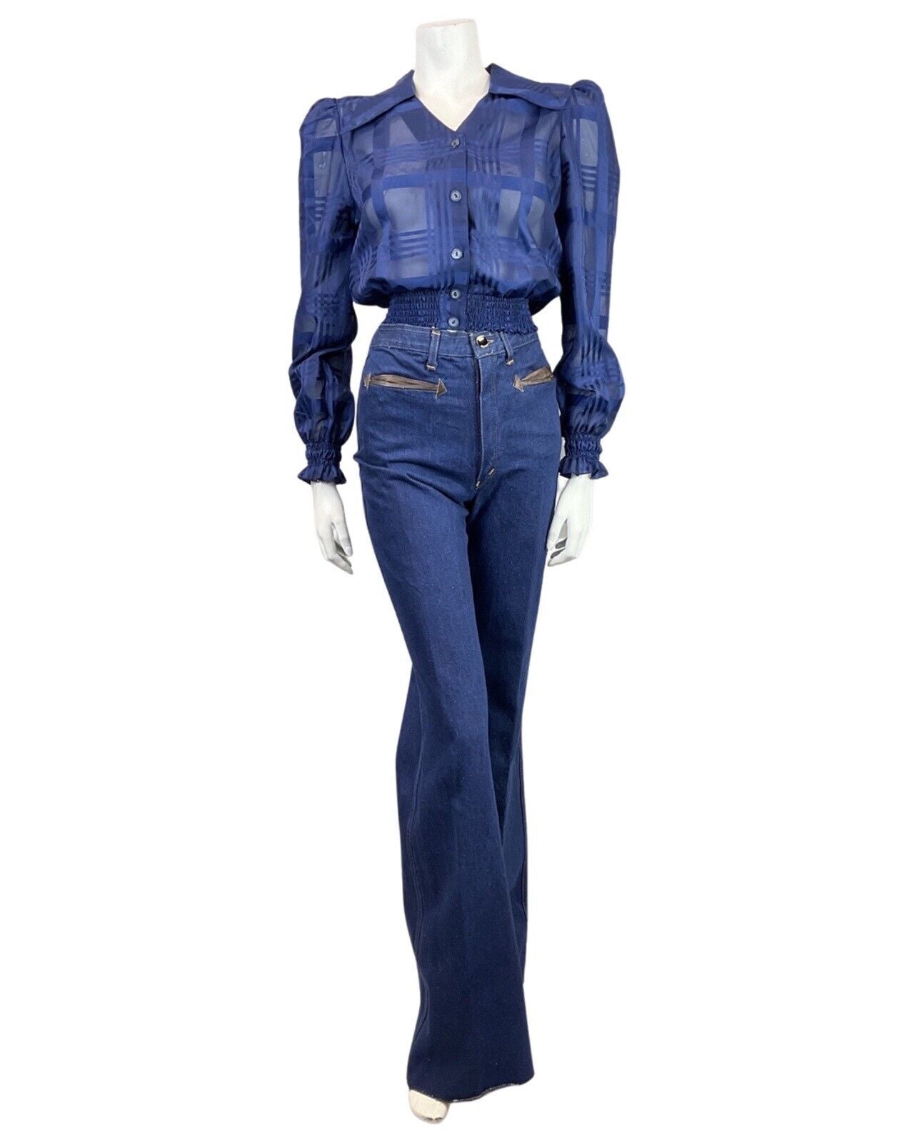VINTAGE 60s 70s NAVY BLUE PLAID CHECKED SHEER SHIRRED CROPPED BLOUSE 8 10