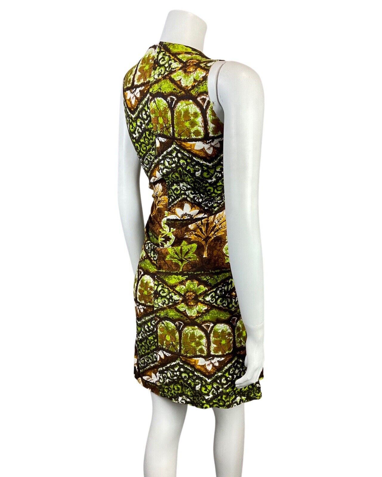 VTG 60s 70s GREEN BROWN WHITE FLORAL GEOMETRIC HAWAIIAN TIKI SHIFT DRESS 8 10