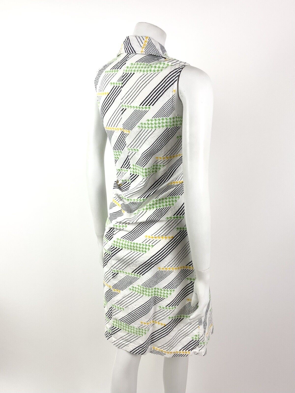 VINTAGE 60s 70s WHITE BLACK GREEN STRIPED HOUNDSTOOTH MOD DAGGER SHIRT DRESS 10