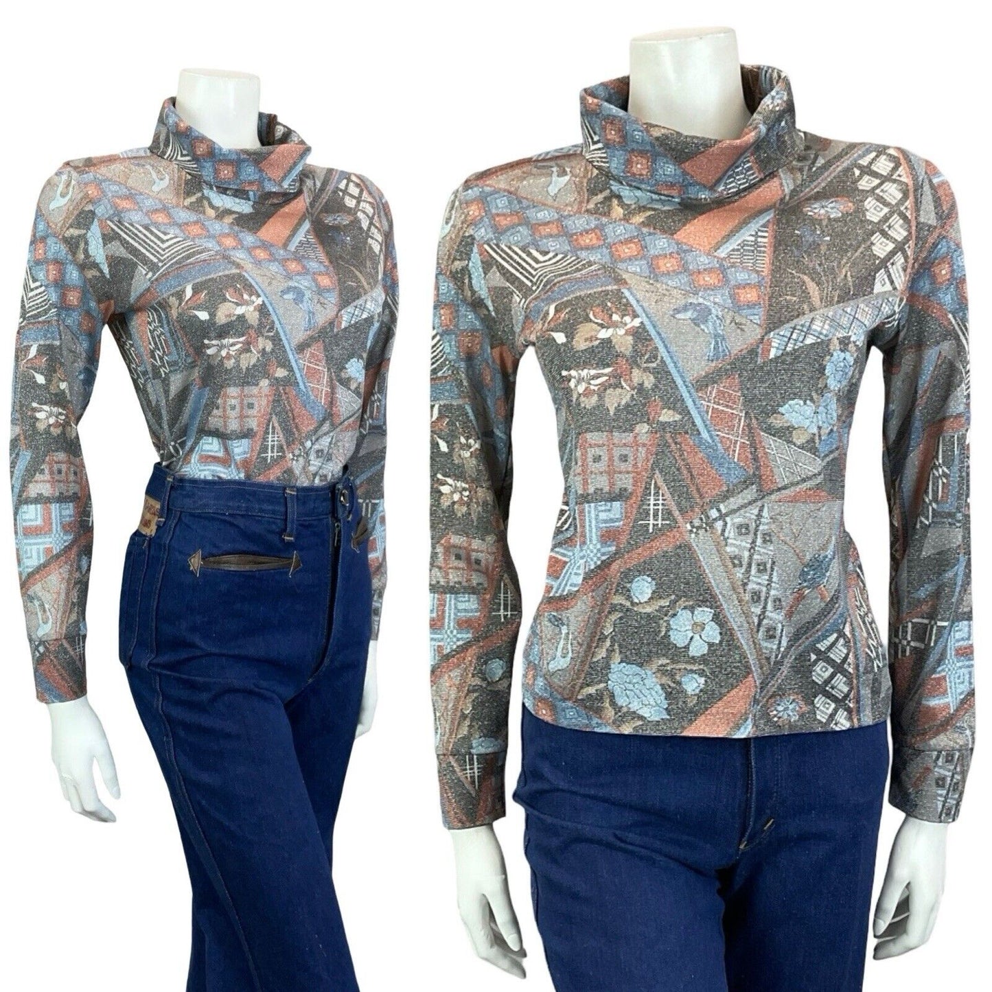 VTG 60S 70S BLACK RED BLUE LUREX GEOMETRIC FLORA BIRD PARTY TURTLENECK TOP 8