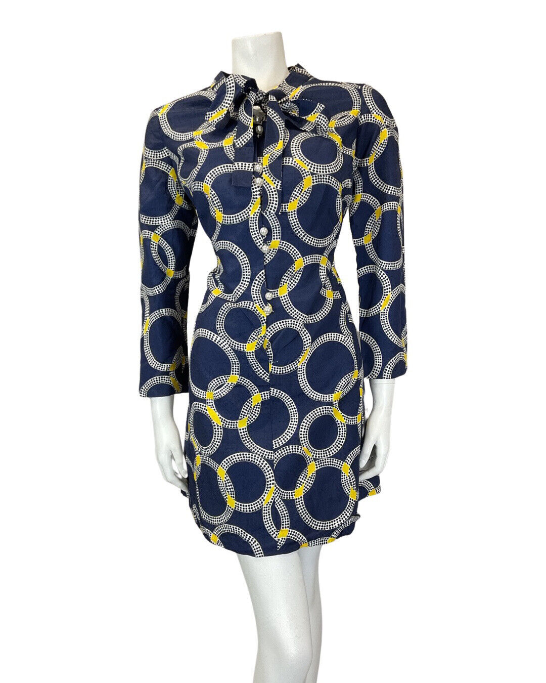 VINTAGE 60s 70s BLACK WHITE YELLOW CIRCLE GEOMETRIC MOD BOW SHORT DRESS 14 16