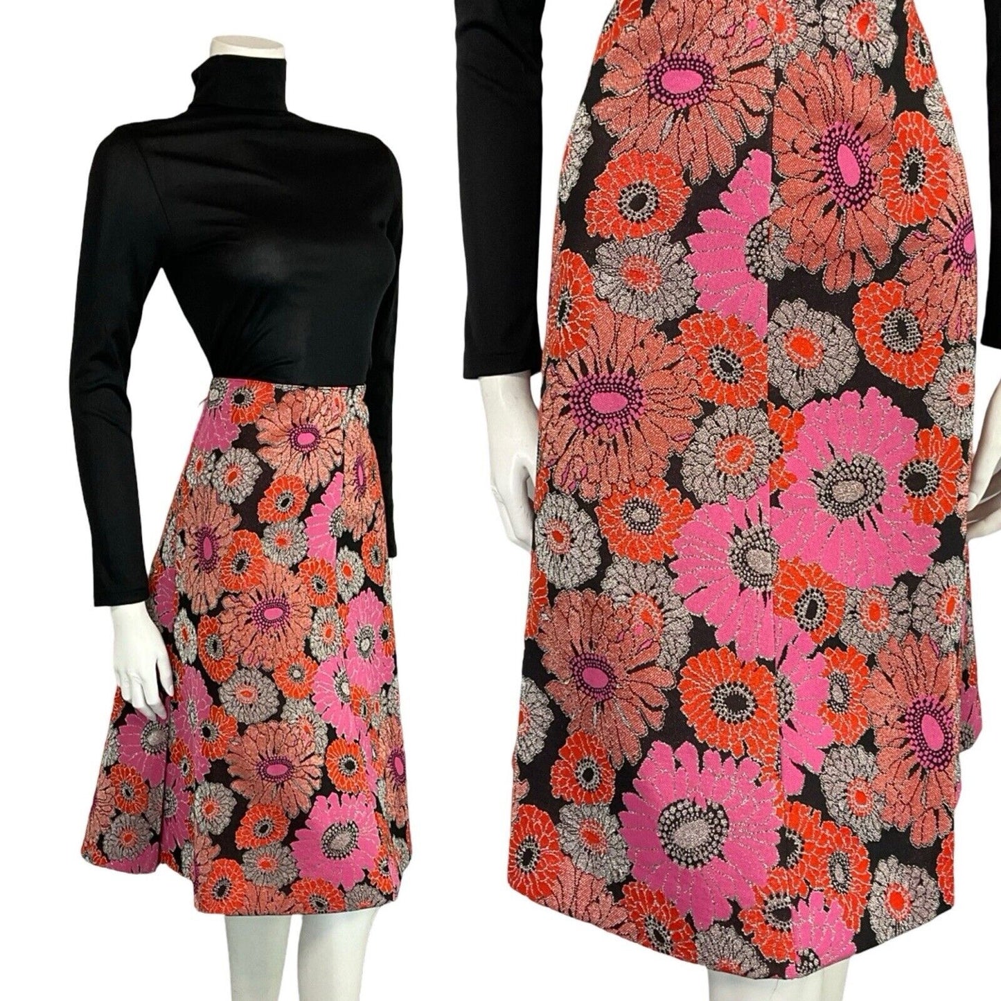 VTG 60S 70S VIBRANT RED PINK SILVER BLACK FLORAL CIRCLE MIDI PARTY SKIRT 12