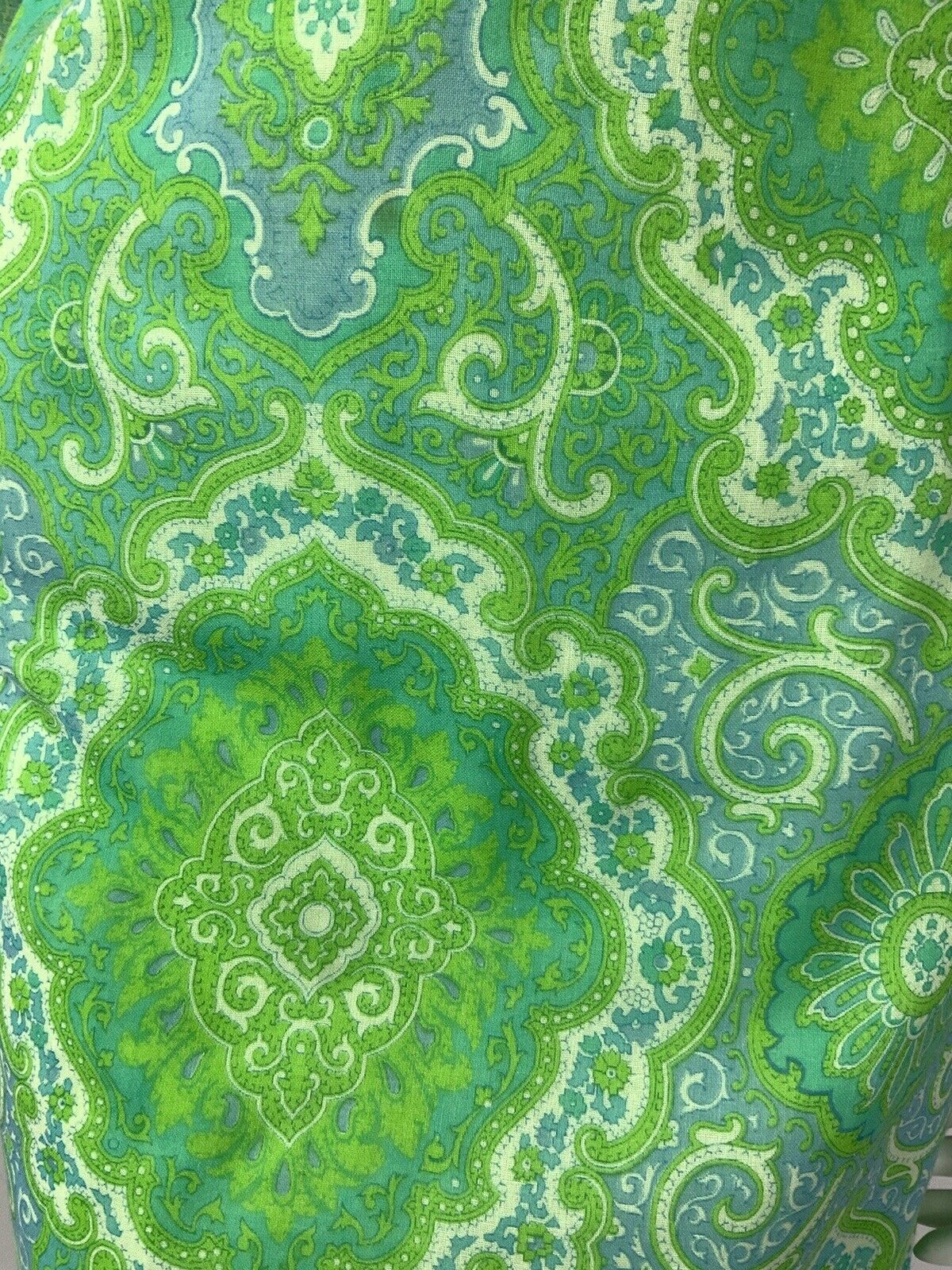 VTG 60s 70s GREEN BLUE WHITE FLORAL PSYCHEDELIC DAMASK BAROQUE MOD DRESS 12 14
