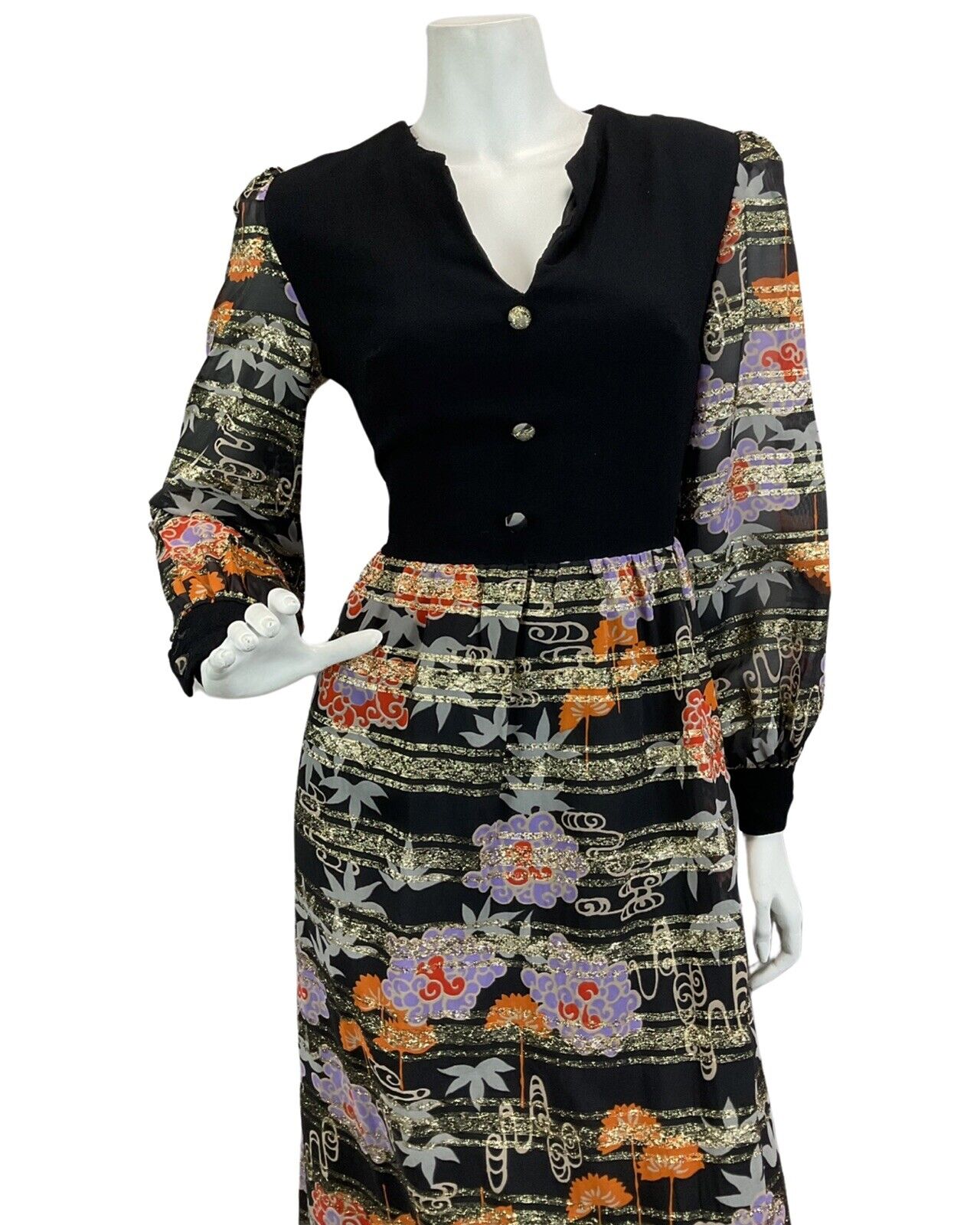 VTG 60s 70s BLACK GOLD ORANGE RED FLORAL METALLIC DISCO PARTY MAXI DRESS 8 10