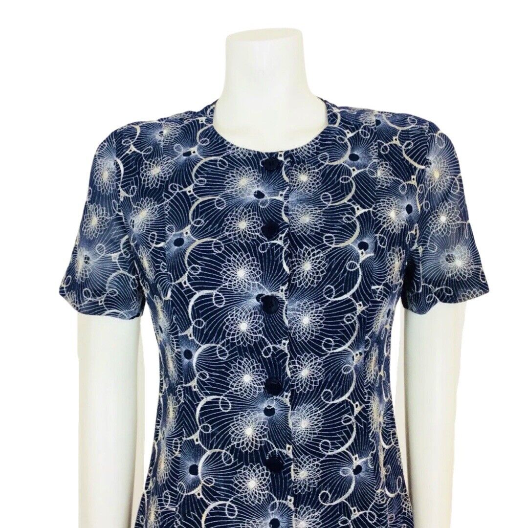 VINTAGE 1960S NAVY BLUE WHITE EMBROIDERED FLORAL SPIROGRAPH DRESS 10 12