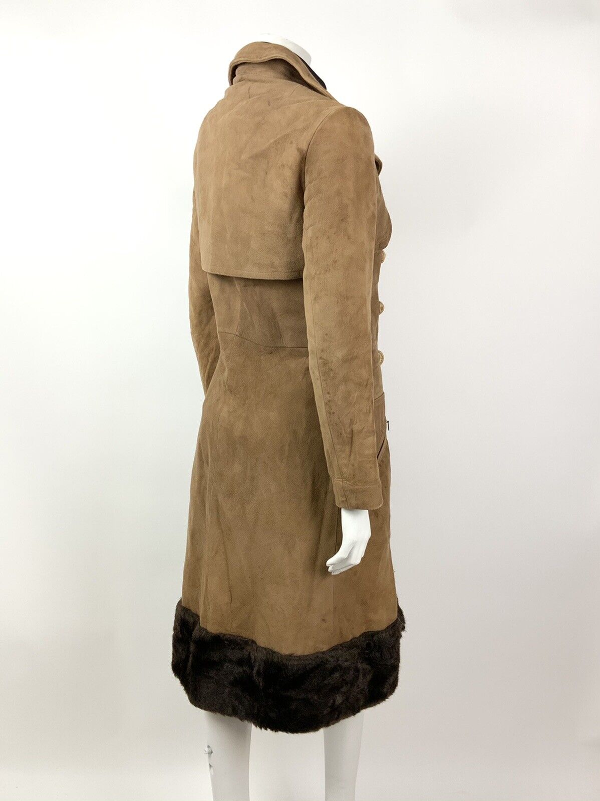 VINTAGE 60s 70s CAMEL BROWN SUEDE LEATHER FAUX FUR TOGGLE PRINCESS COAT 8 10