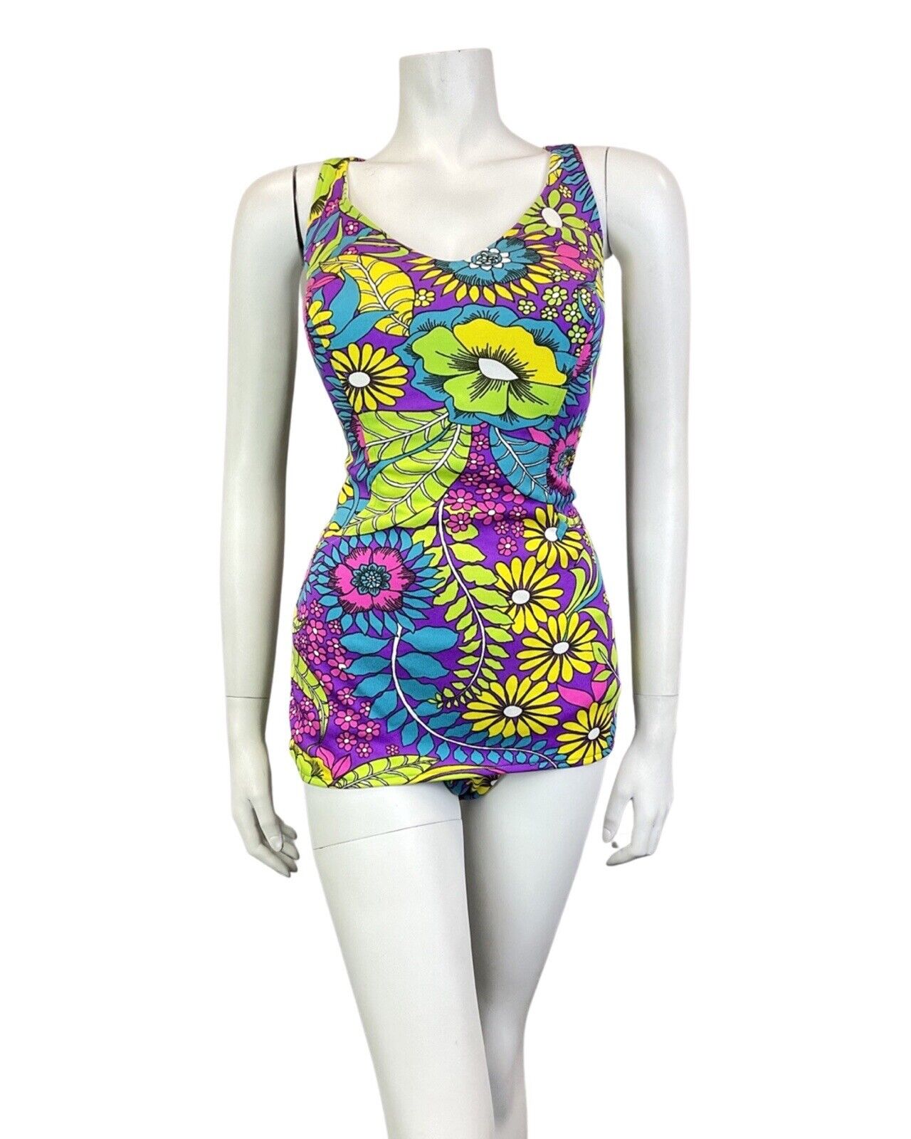 VINTAGE 60s 70s PURPLE YELLOW BLUE PSYCHEDELIC FLORAL SKIRTED SWIMSUIT 16 18