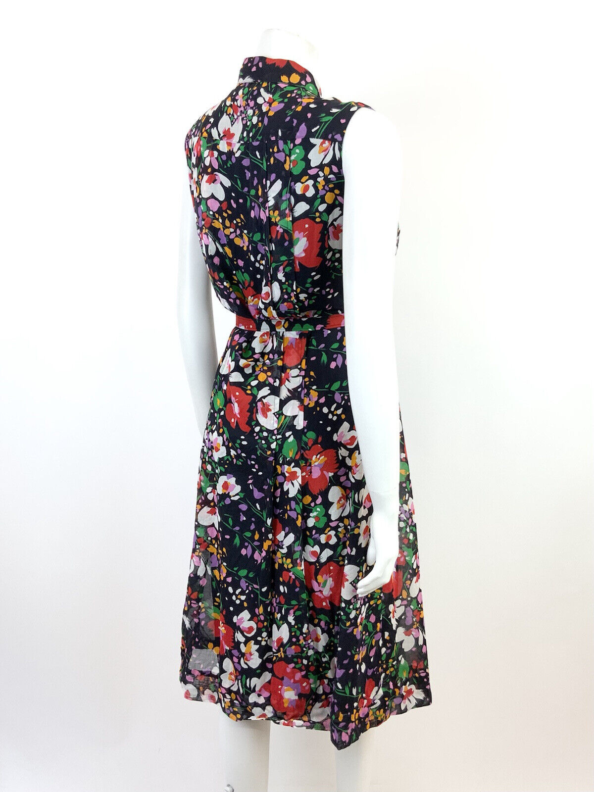 VTG 60s 70s BLACK RED WHITE GREEN FLORAL BELTED MOD SLEEVELESS SHIRT DRESS 12 14